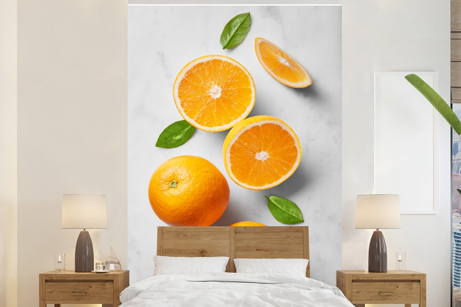 MuchoWow Fototapete Orange - Obst - Marmor, Matt, bedruckt, (3 St), Montagefertig Vinyl Tapete für Wohnzimmer, Wandtapete | Fototapeten