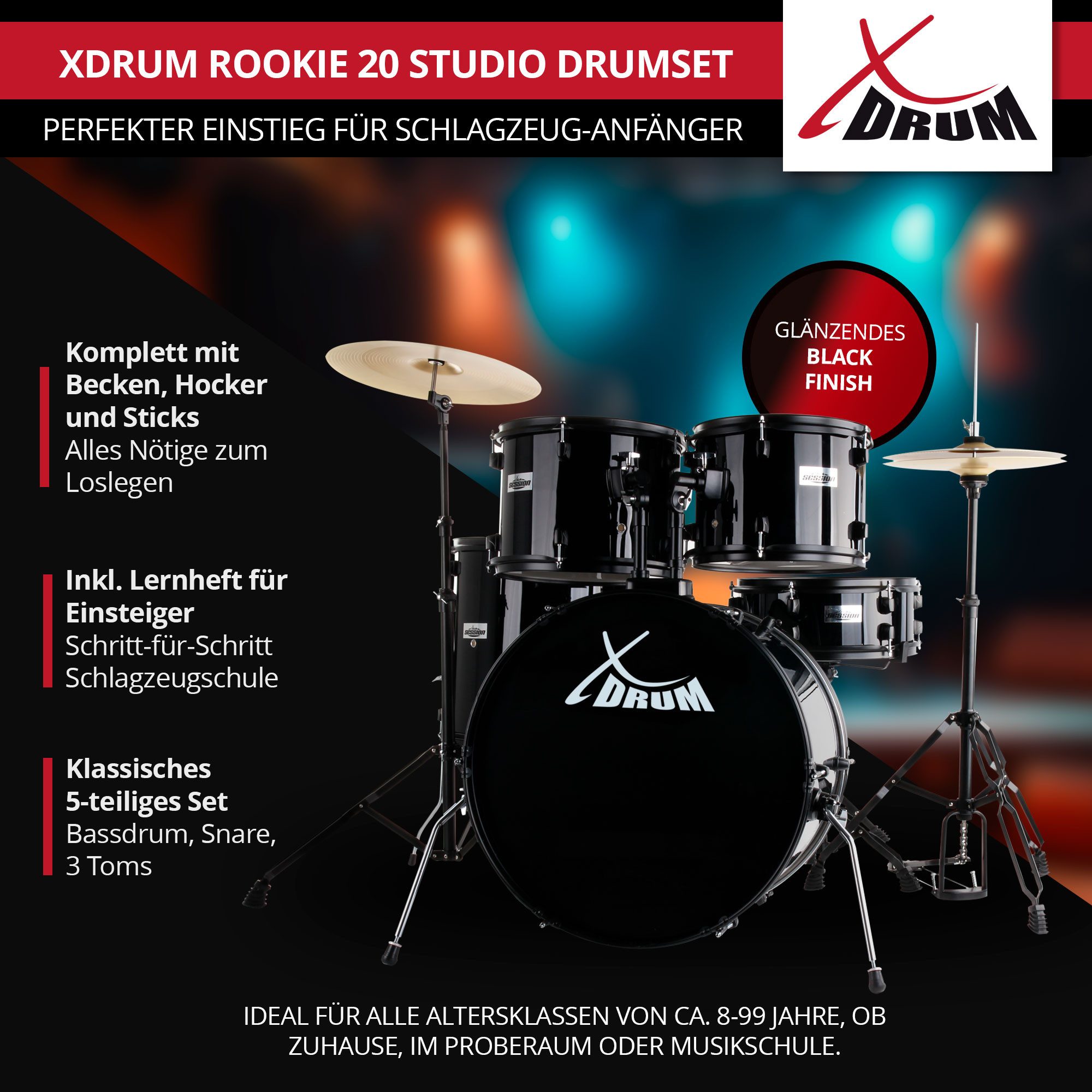 XDrum Schlagzeug Rookie 20" Studio,Komplettes Drumset, inkl. Hocker & Drumsticks, Kesselgrößen: 20" BD, 10", 12", 14" TT, 14 SN