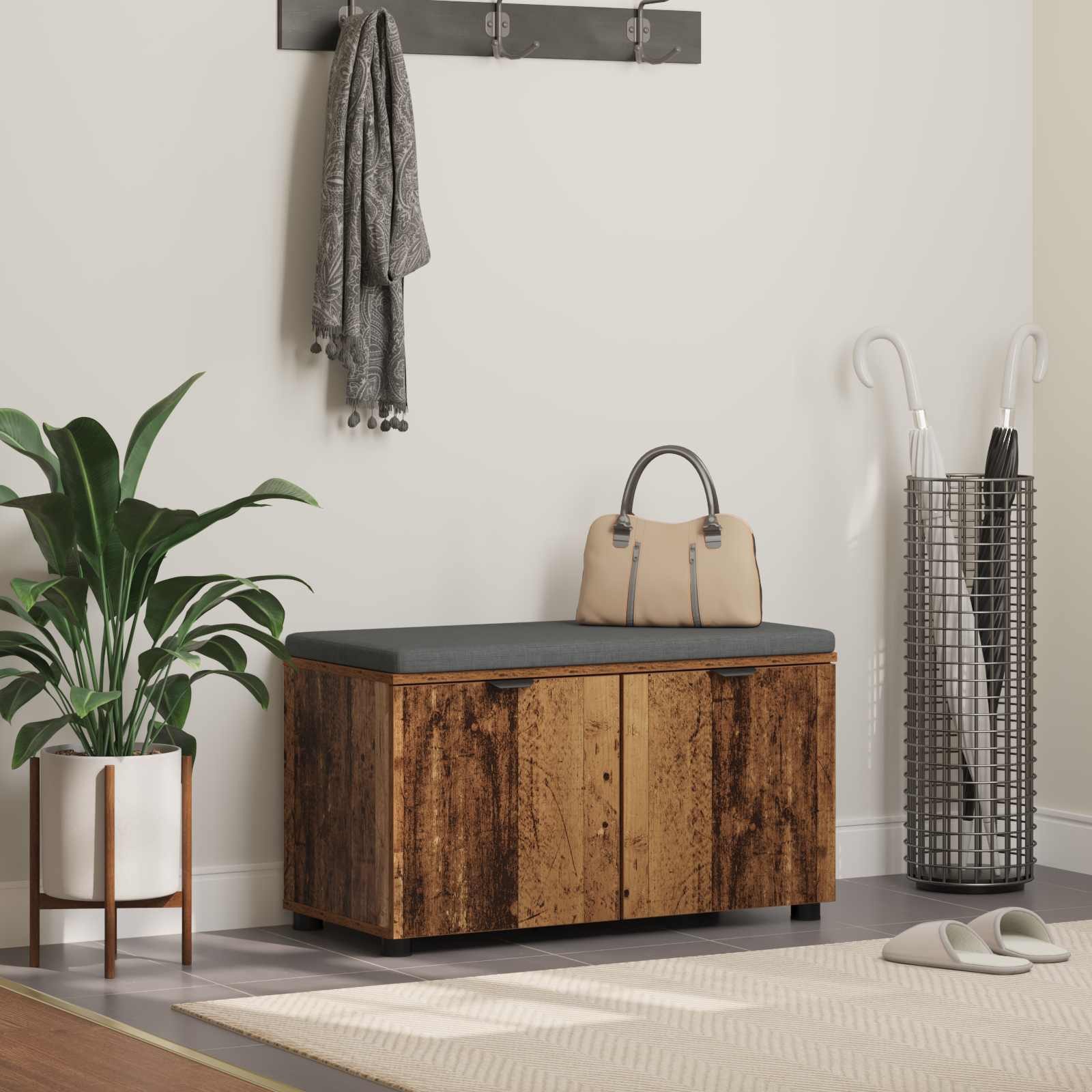 vidaXL Sitzbank Flurbank mit Kissen mit Regal mit Tür Altholz 80 x 38 x 46 cm (1-St)
