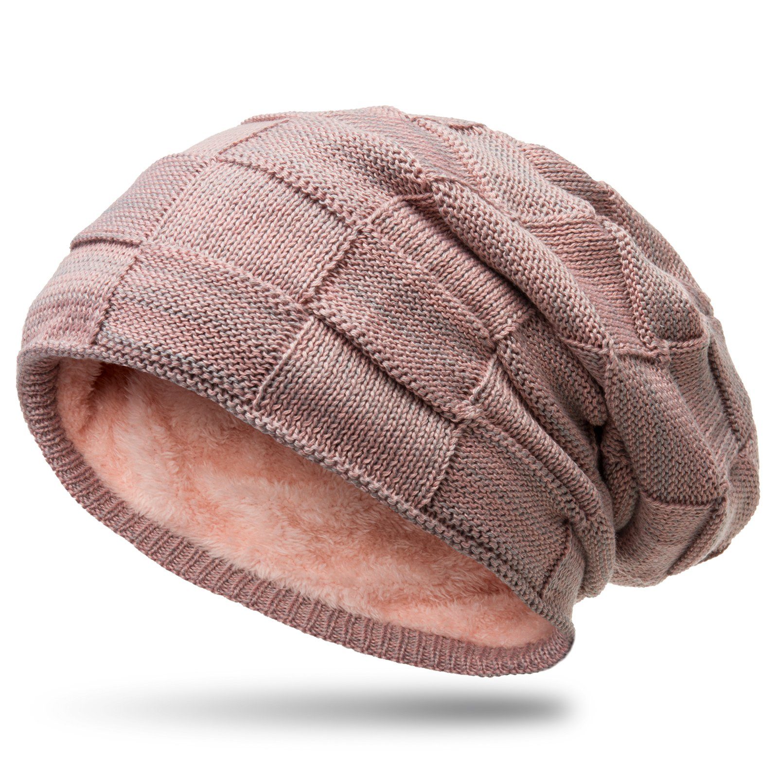 Caspar Beanie MU135 gefütterte Feinstrick Beanie Mütze mit Flecht Muster rosa-grau