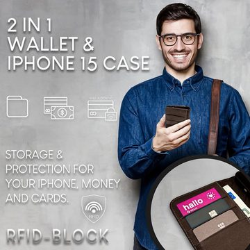 Nalia Flip Case Apple iPhone 15 Plus, Echt Leder Etui / Standfunktion Kickstand / RFID Schutz Handyhülle