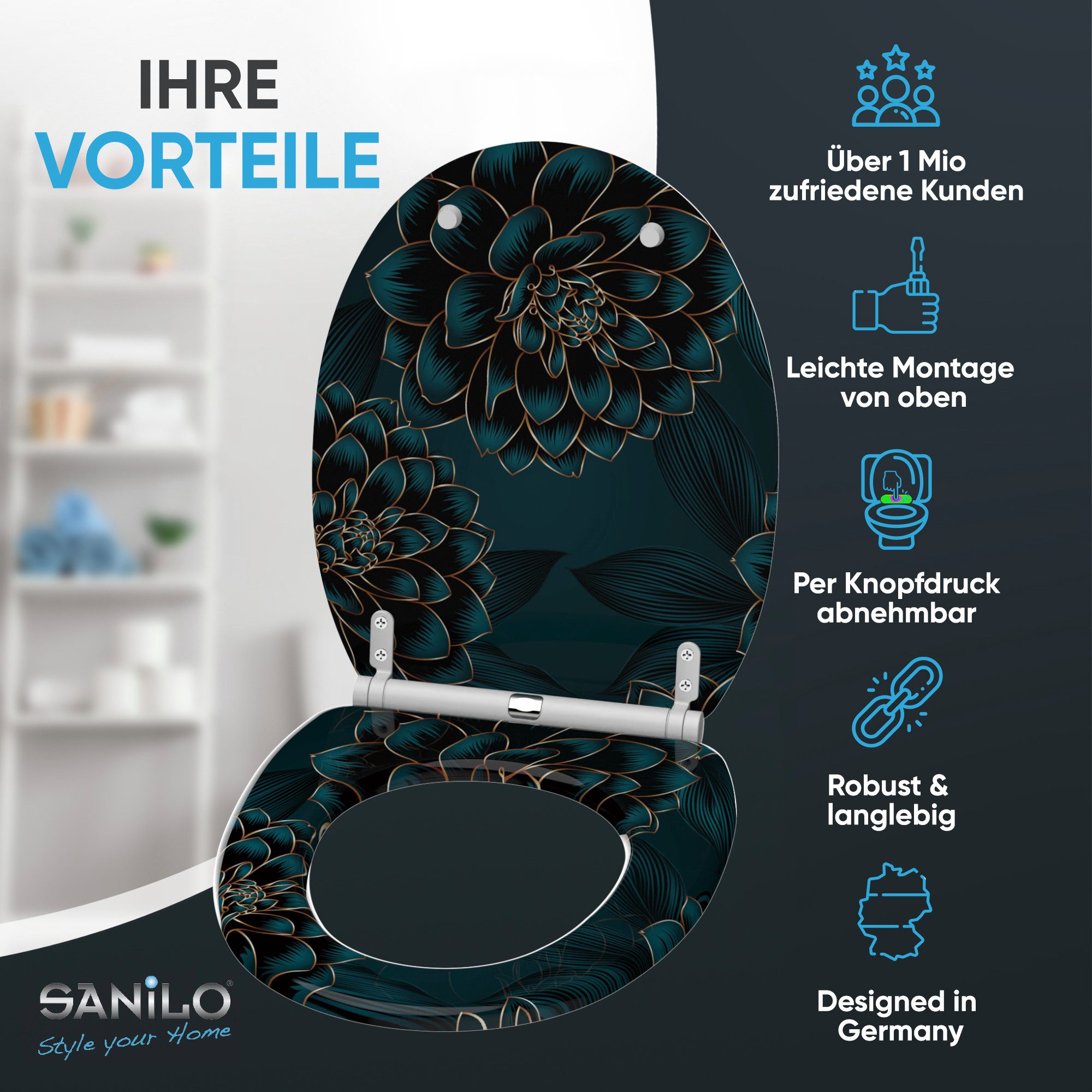 Sanilo WC-Sitz mit Absenkautomatik, viele schöne Toilettensitze direkt vom Hersteller, hochwertig, abnehmbar, leichte Montage von oben, mit Schraubenzieher
