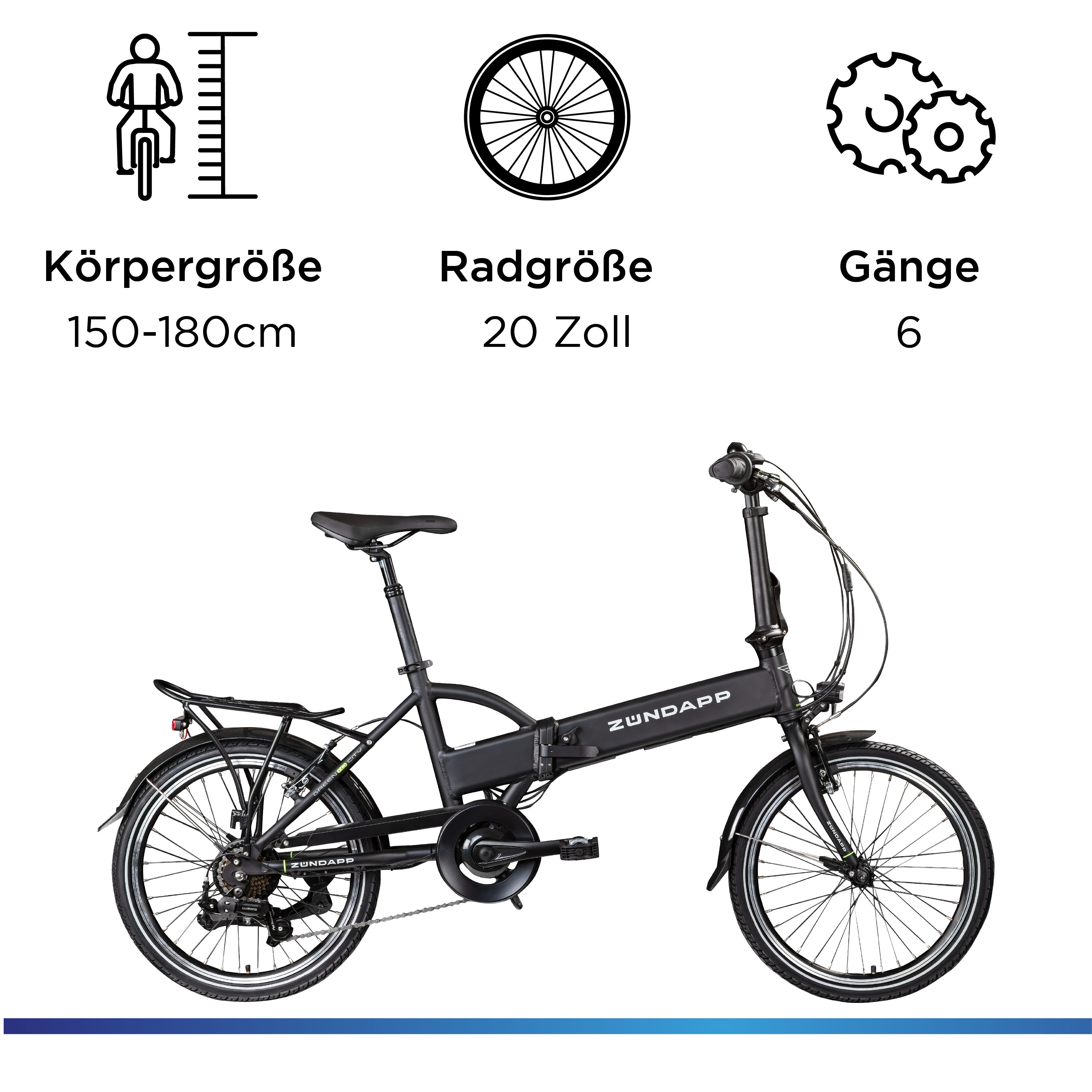 Zündapp E-Bike Faltrad Z101, 6 Gang Shimano Tourney RD-TY300 Schaltwerk, Kettenschaltung, Heckmotor, 270 Wh, Pedelec, Elektrofahrrad für Damen u. Herren