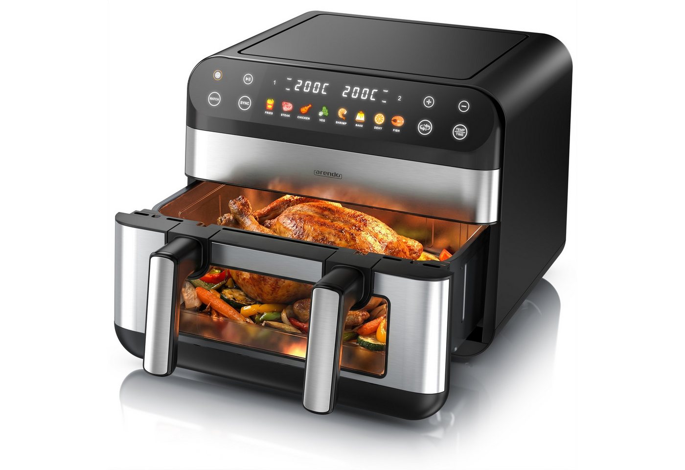Arendo Heißluftfritteuse Airfryer XXL mit beleuchtetem Sichtfenster, Pre Heat & Turn-Food, 2400 W, mit Zubehör, Umluft Backofen, Sichtfenster Grill, Dörrautomat