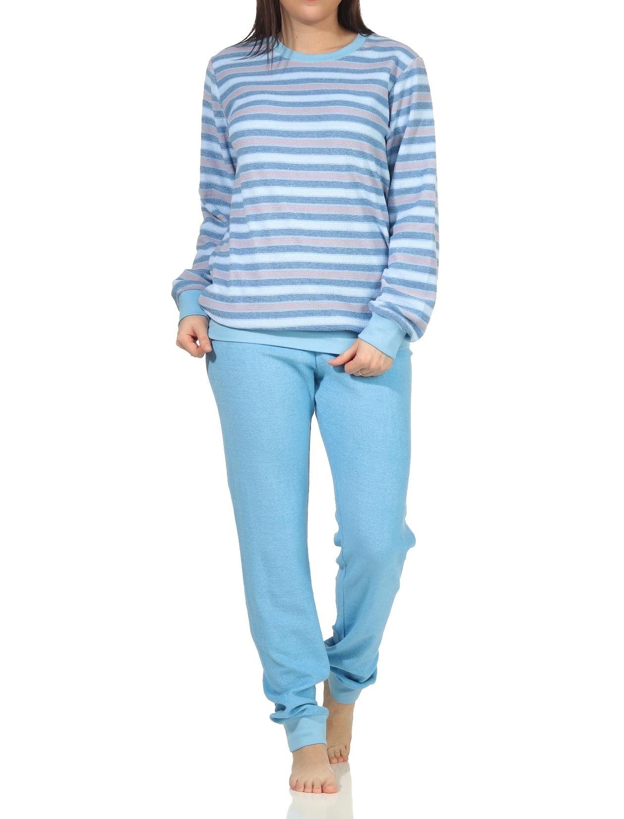 Creative by Normann Pyjama Damen Frottee Schlafanzug mit Bündchen in Ringeloptik