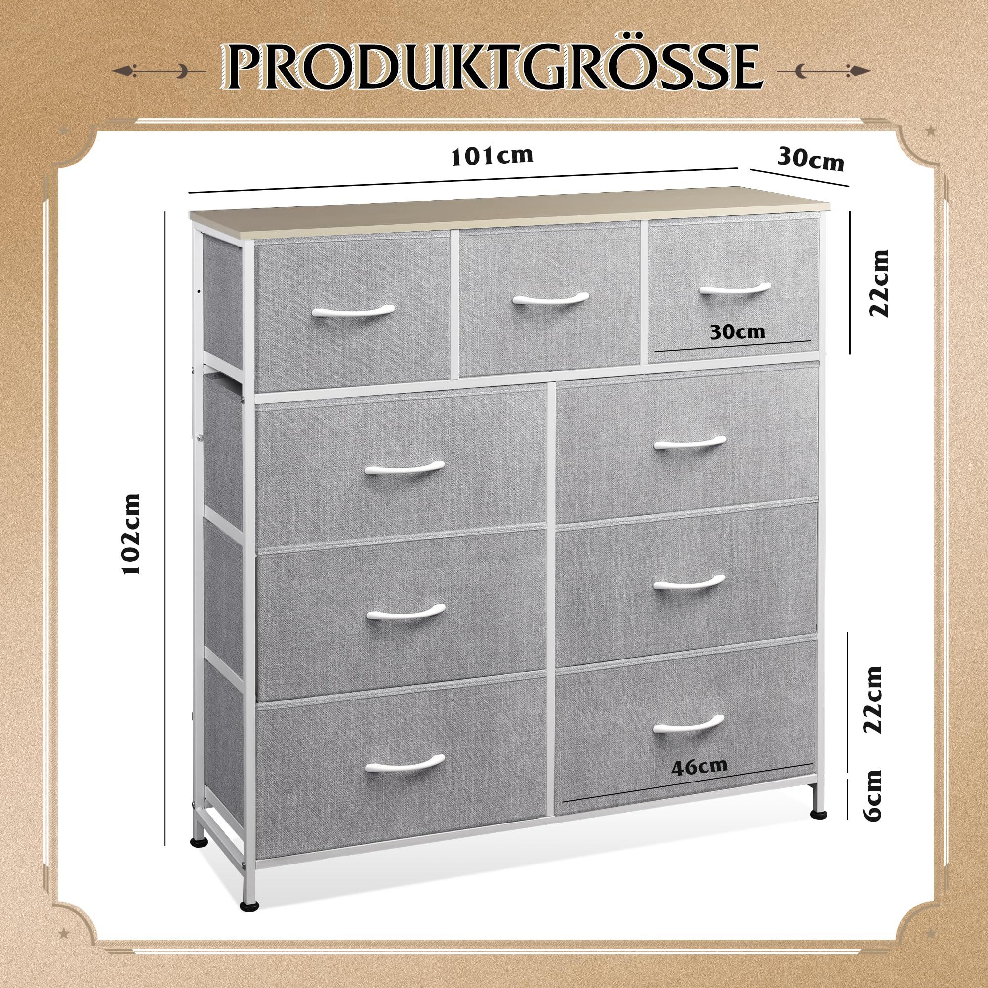 WLIVE Kommode mit 9 Stoffschubladen, Schubladenkommode 100 × 30 × 102 cm (Stauraumschrank Kommode mit Stoffschubladen), Modernes Sideboard, 100 × 30 × 102 cm, Vintagebraun-Schwarz