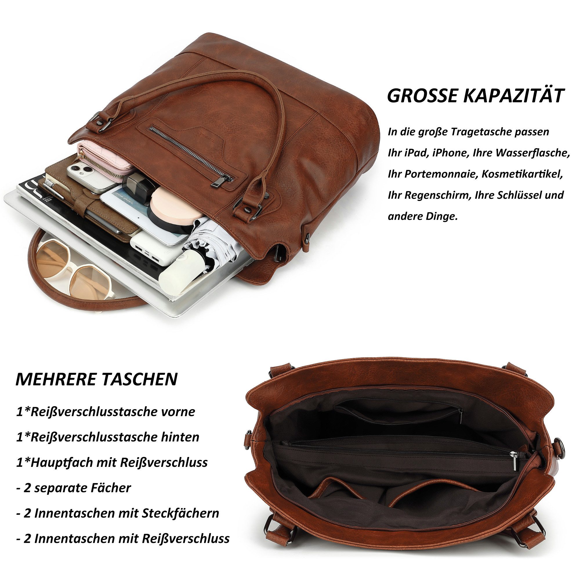TAN.TOMI Handtasche Damen Schultertasche - Set Shopper Umhängetasche Henkeltasche, Mit abnehmbarem Schultergurt für Einkauf Reise Büro Schule – Bild 4 von 5