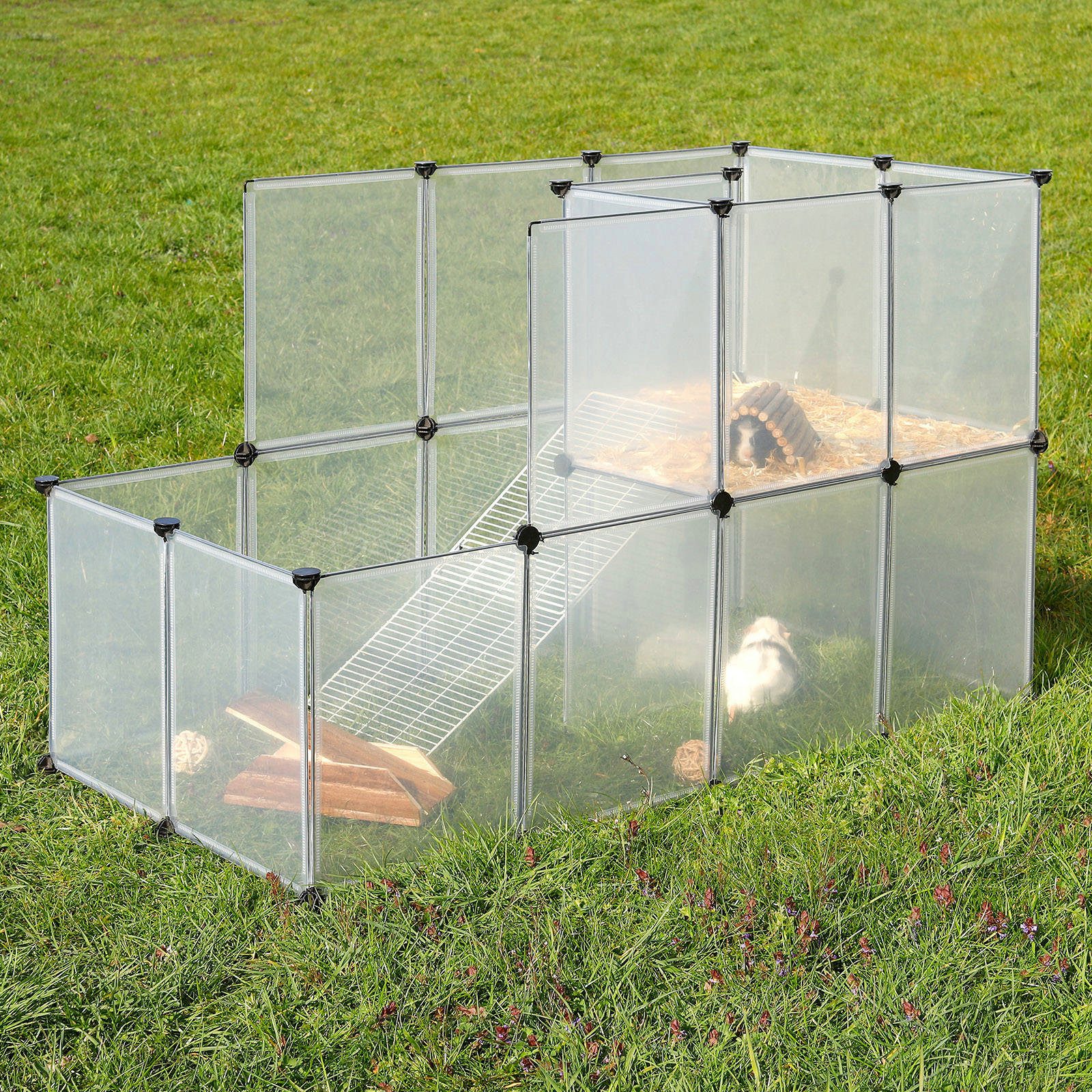 lionto Freigehege, 2 Etagen mit Rampe, transparentes Kunststoffgehege, 147x75x92 cm, Nager-Freilaufgehege, erweiterbar & leicht zu reinigen