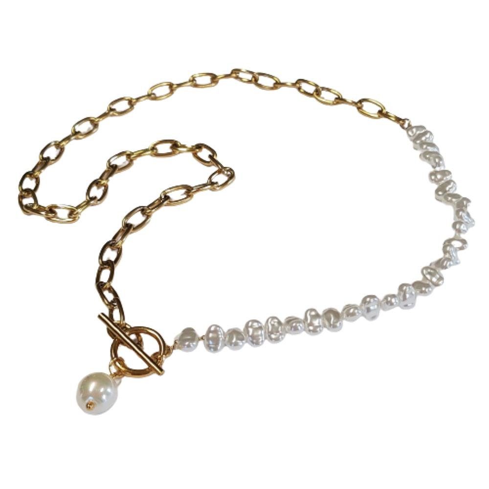 BUNGSA Ketten-Set Mixkette Perlen mit Anhänger Necklace Halskette aus Edelstahl und (1-tlg), Knebelverschluss gold