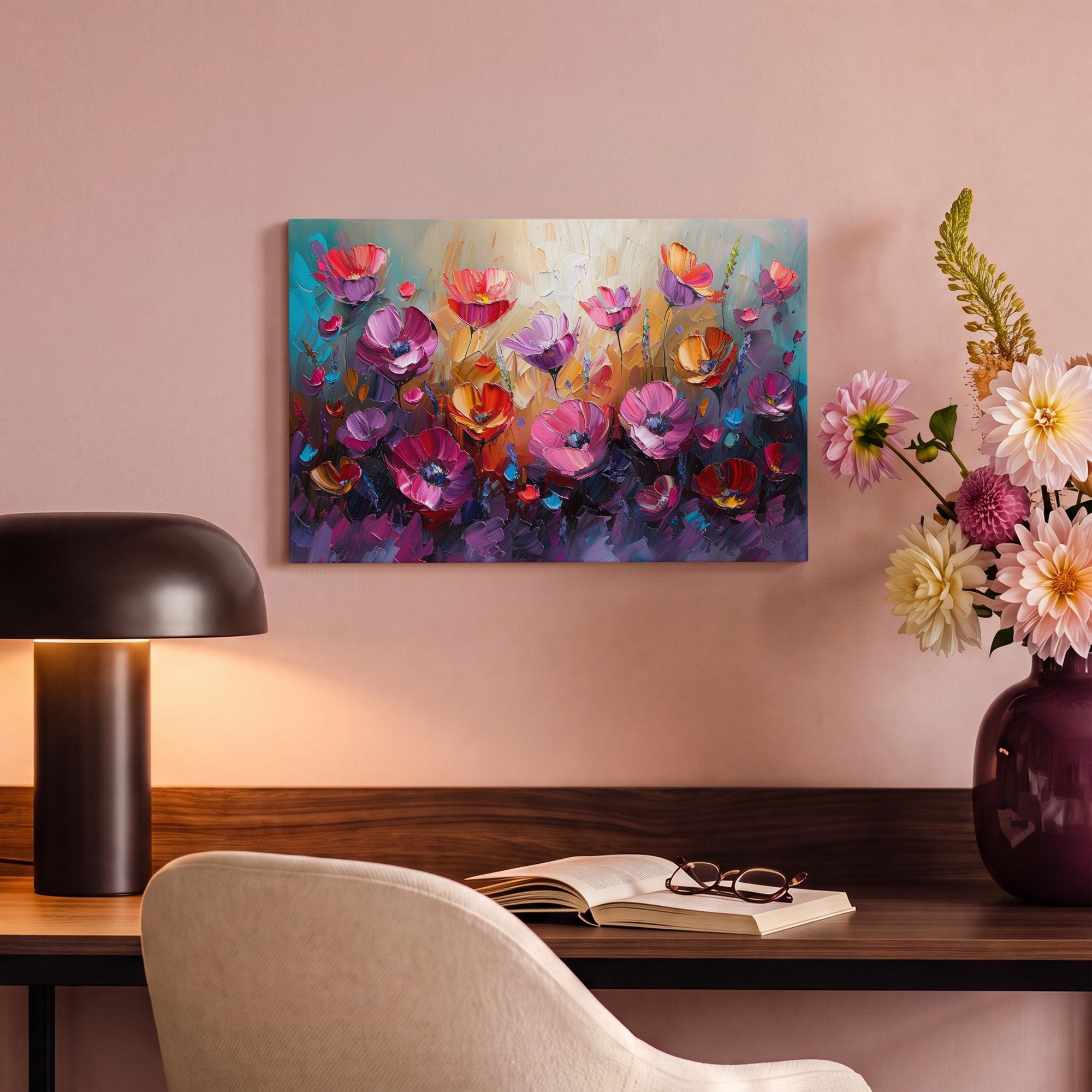 OneMillionCanvasses® Leinwandbild Blumen - Lila - Farbenfroh - Handbemalt - Kunst, Fotodruck (1 St), Leinwand Bilder Klein, Wand Dekoration Aesthetic 30x20 cm – Bild 4 von 5