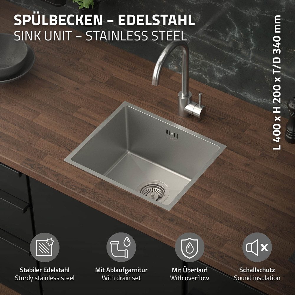 ML-DESIGN Küchenspüle Spülbecken aus Edelstahl, mit Ab- und Überlaufgarnitur & Siphon, 40/34 cm, Silber Einzelbecken Waschbecken Küche Spüle Edelstahlspüle – Bild 2 von 5