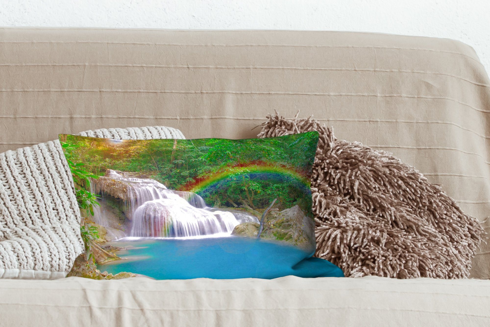 Sonne - mit Wasserfall Natur, Dekoration, - Füllung, Schlafzimmer Regenbogen - Wohzimmer Dekokissen MuchoWow Dekokissen Zierkissen,