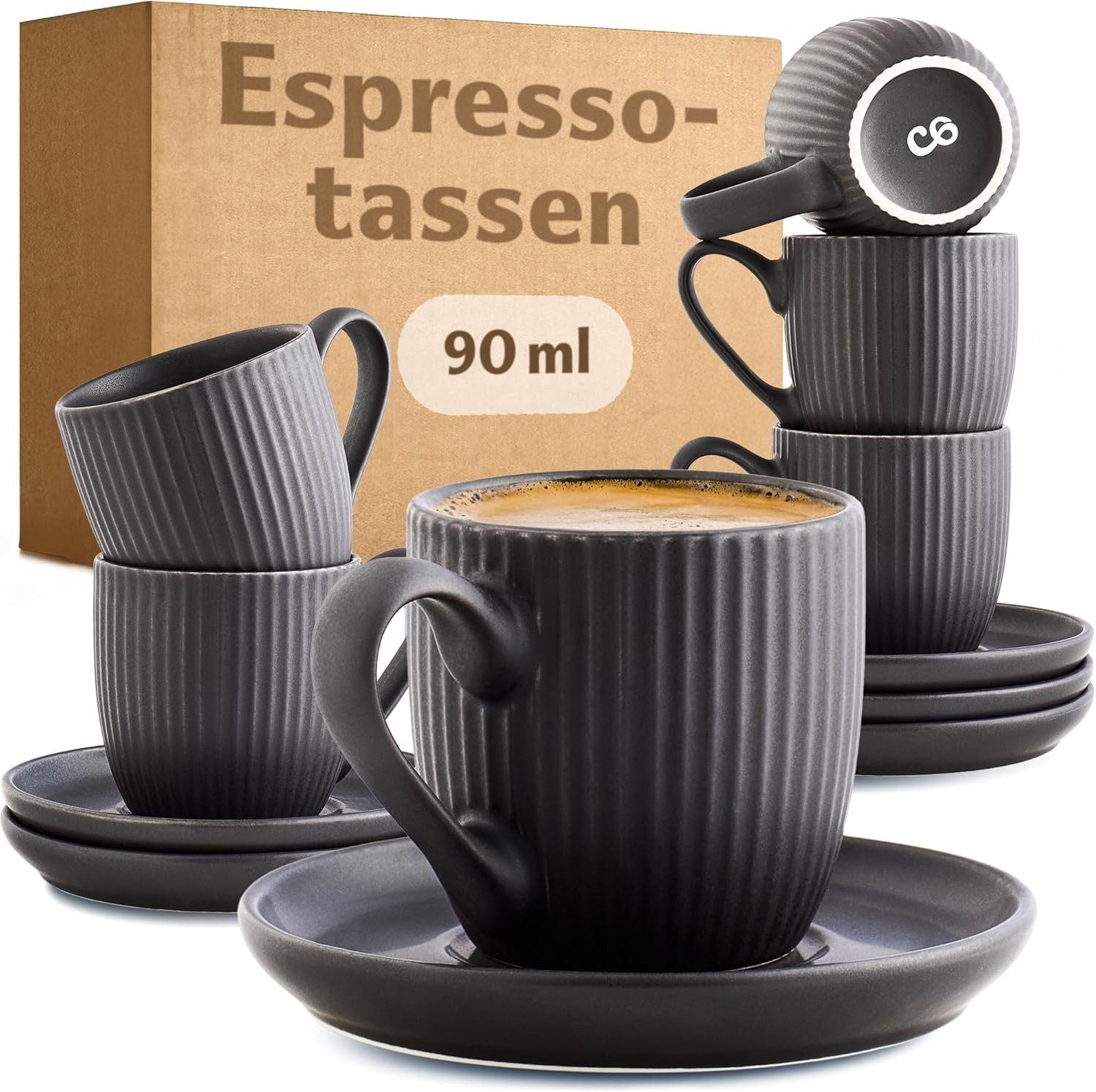 Cosumy Cappuccinotasse Cappuccinotassen Set 200 ml – Schwarz Matt – 6 Tassen mit Untertassen, Keramik, Mit Untertassen - Hält Lange warm - Spülmaschinenfest - 200ml