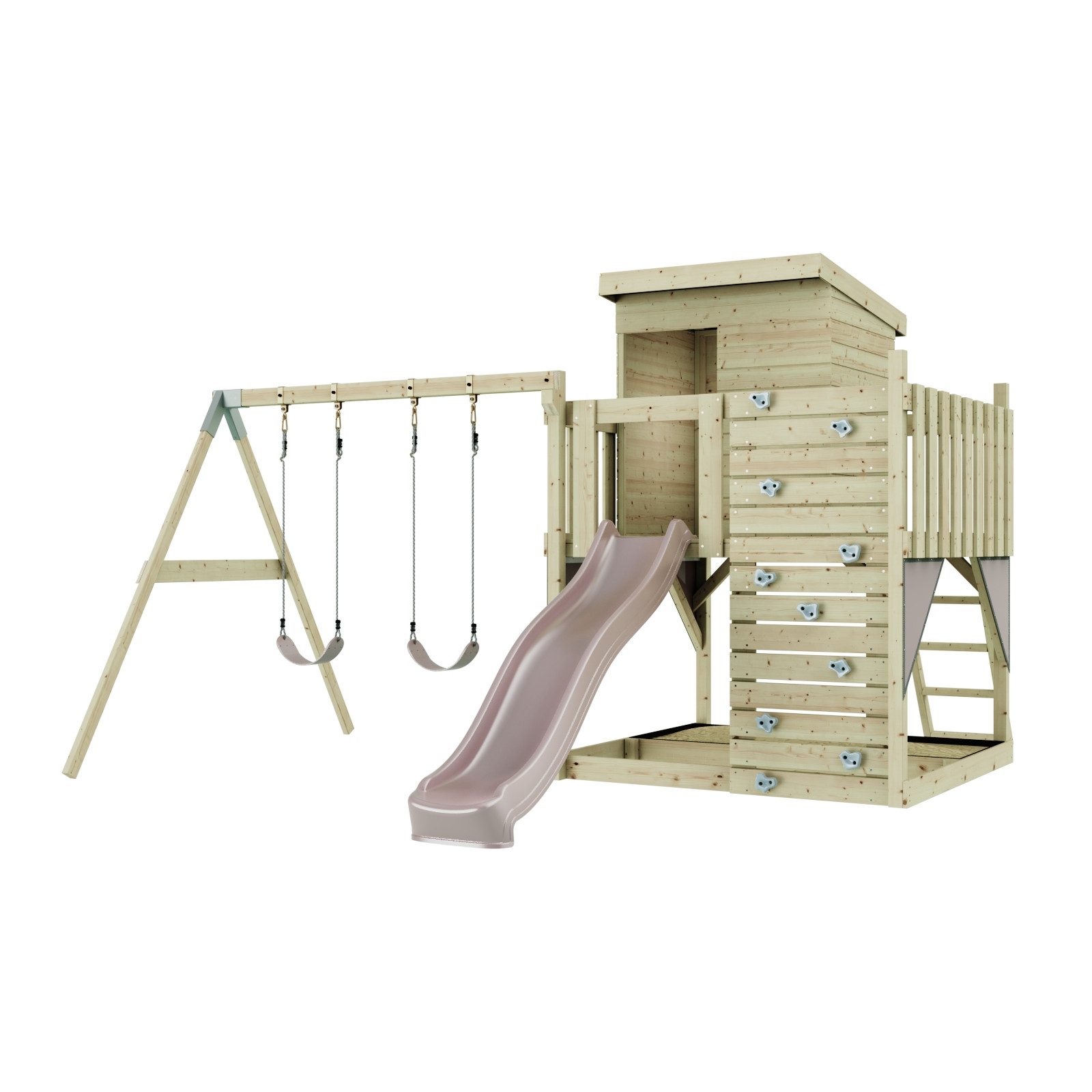 OutdoorToys Spielturm Björn, aus Holz in Altrosa mit Kinderschaukel & Rutsche, Kletterwand