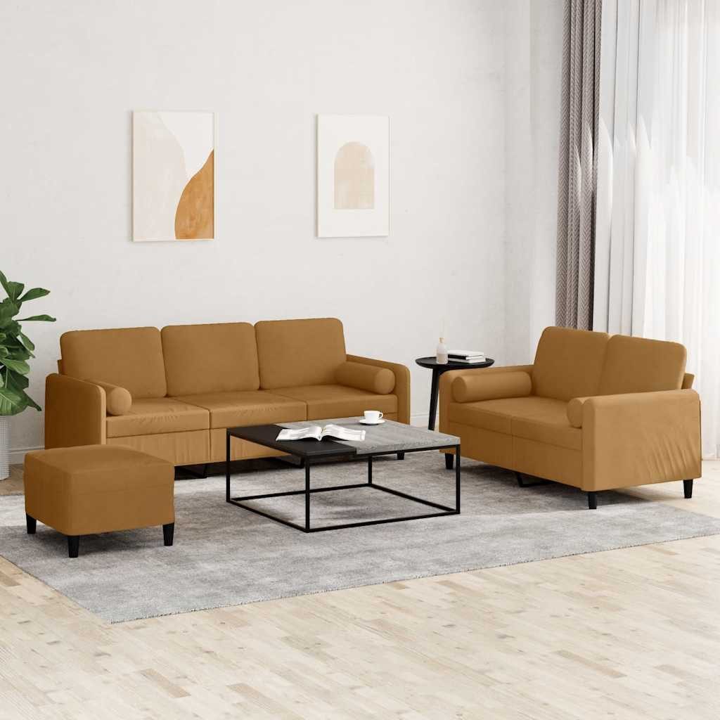 vidaXL Sofa, 3-tlg. Sofagarnitur mit Kissen Braun Samt