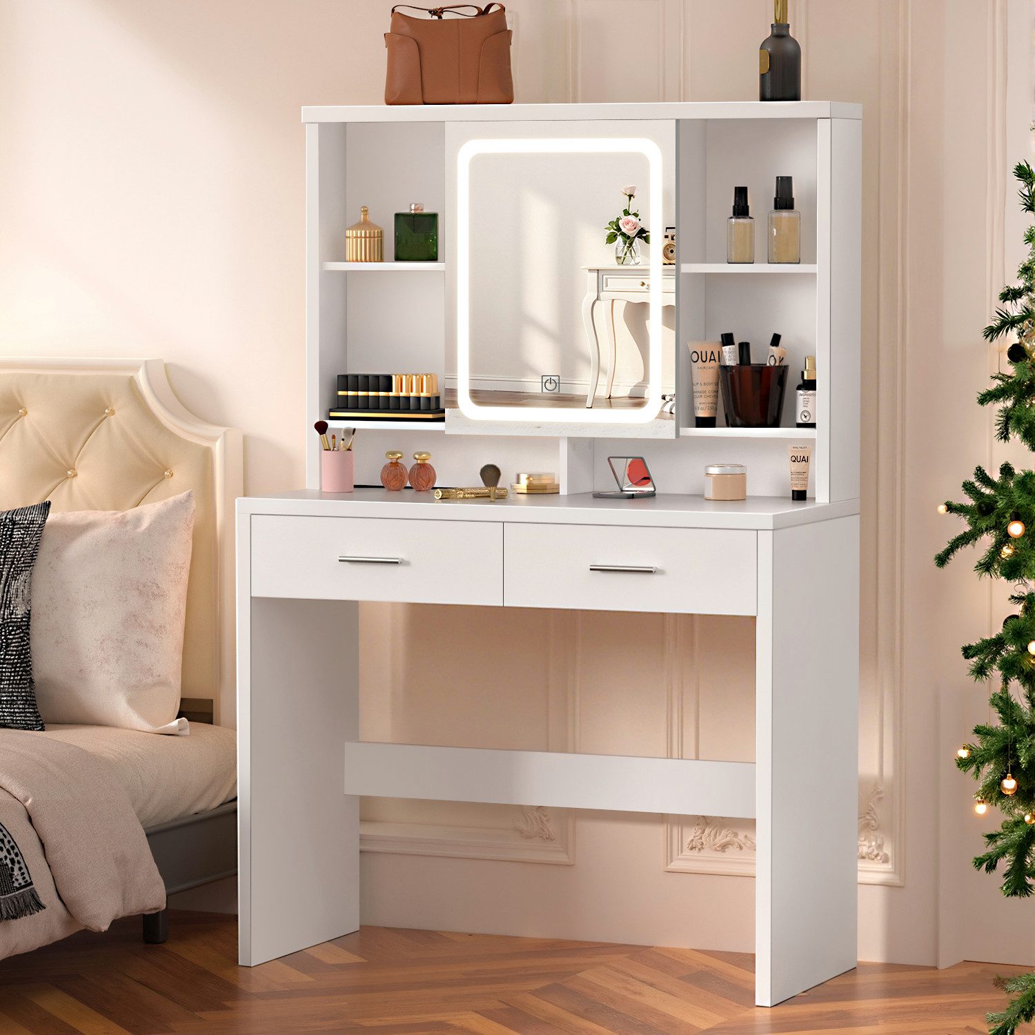 oyajia Schminktisch Mit Spiegel und dreifarbigem LED-Licht 2 Schubladen 5 A günstig online kaufen