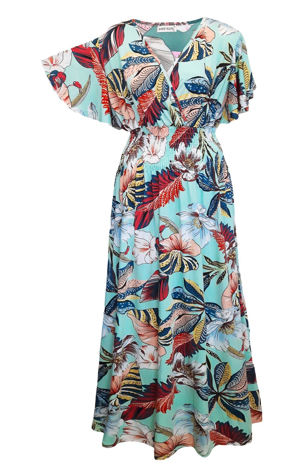 Aurela Damenmode Sommerkleid Lange Kleider für Damen luftig & leichte  Sommerkleider (1-tlg) mit Blumendruck, Raffung in der Taille, Gesamtlänge:  132 - 135cm, langes Strandkleid