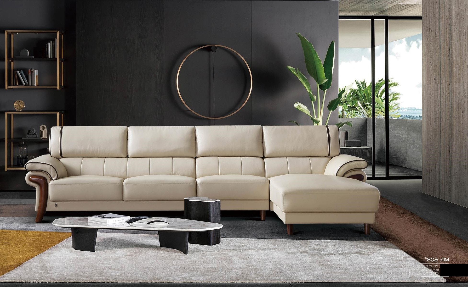 Ecksofa Beige Leder Couch mit L-Form und braunen Holzfüßen