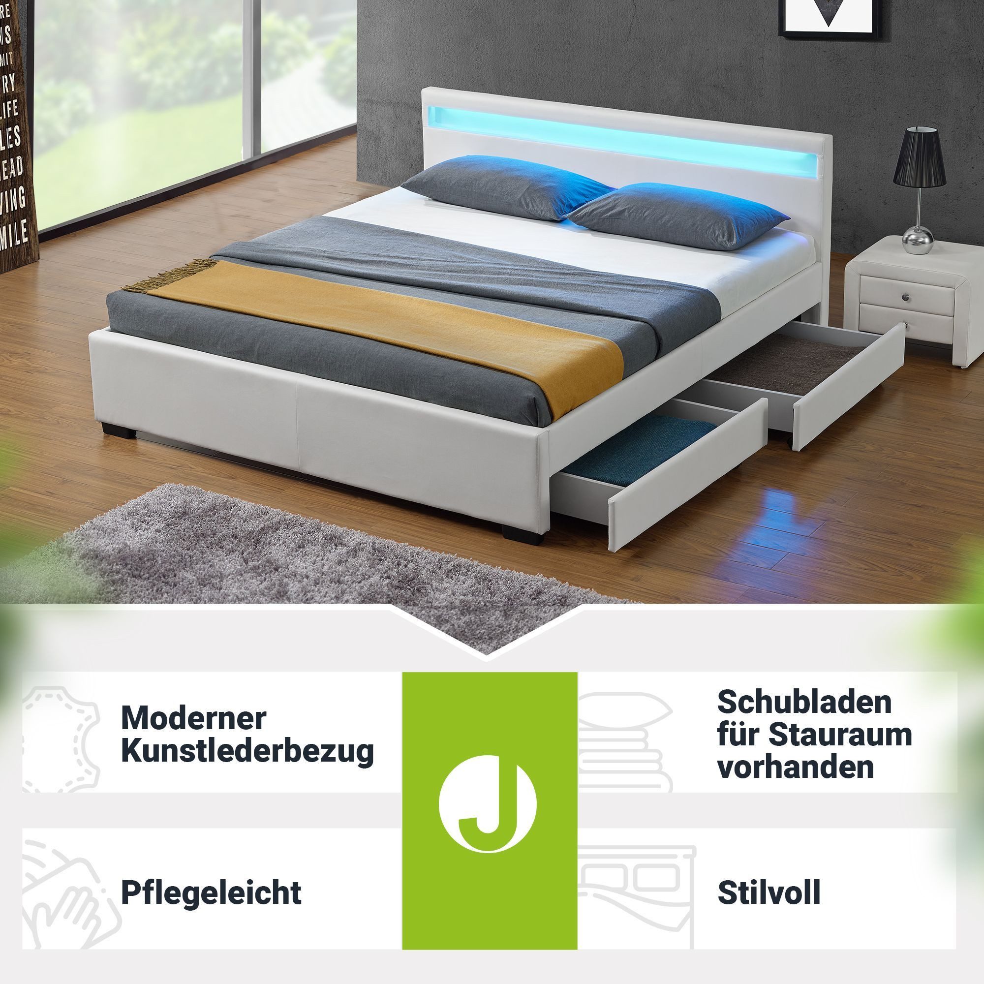 Juskys Polsterbett Lyon, 140x200 cm, ausziehbare Bettkästen, LED-Licht, gepolstertes Kopfteil