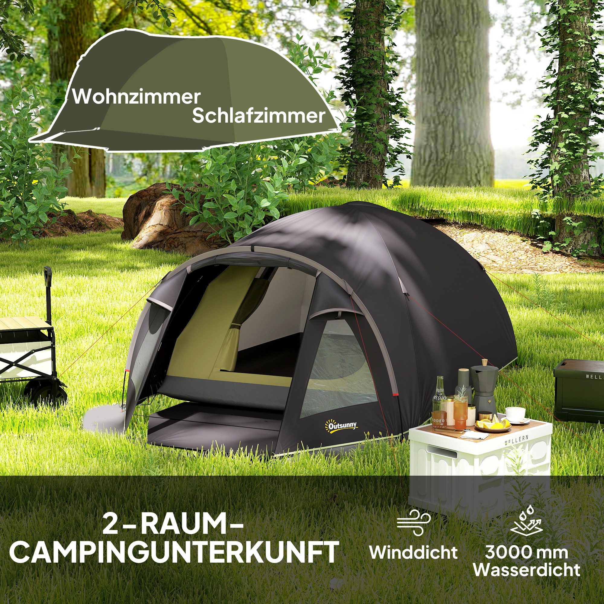 furnicato Gruppenzelt Campingzelt 3 Personen 330x190x120 cm Schwarz, (1 tlg), Wasserdichtes Zelt mit Wohnbereich, 2 Türen und Halbmaschentür