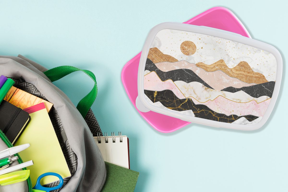 Brotdose MuchoWow Kinder, - Kunststoff, Pastell, Gold Lunchbox Mädchen, Erwachsene, Snackbox, (2-tlg), Brotbox Kunststoff - rosa Marmor für