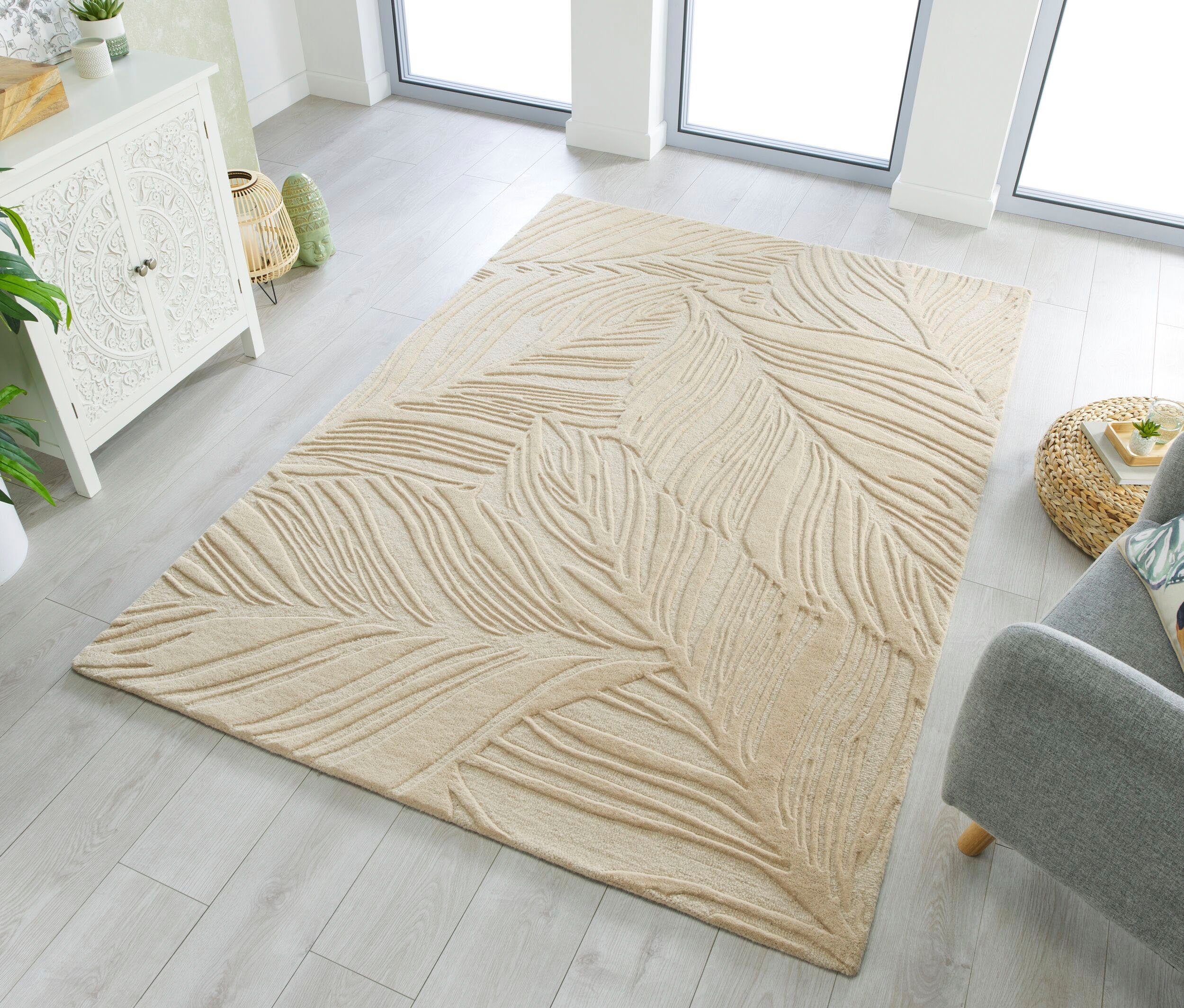 FLAIR RUGS Wollteppich LINO LEAF, rechteckig, Höhe: 10 mm, Hoch-Tief Effekt