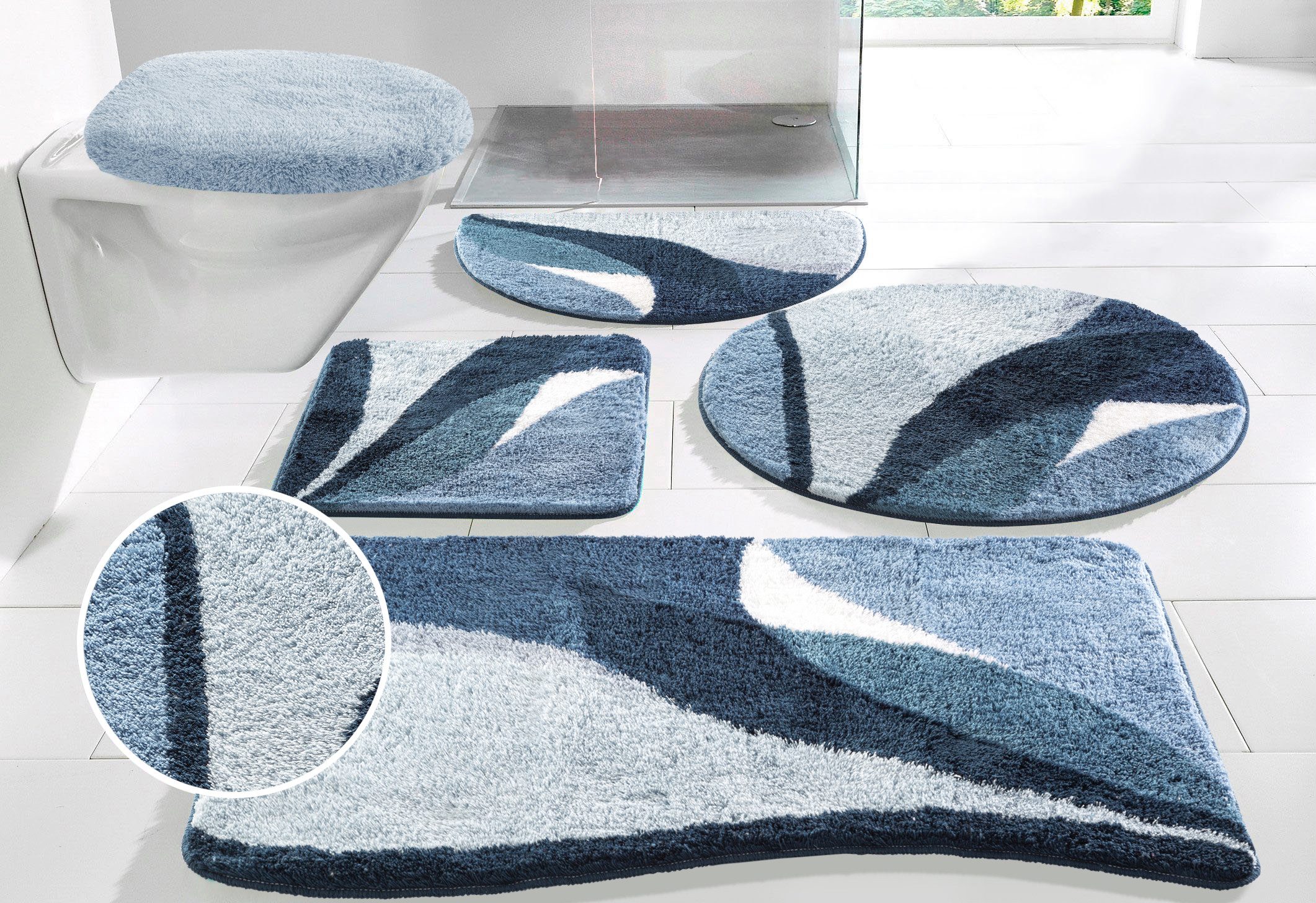 OTTO home Badematte Magnus, Badvorleger, Badezimmer Teppich, Höhe 20 mm, rutschhemmend beschichtet, schnell trocknend, strapazierfähig, Polyacryl, rechteckig, 2-tlg. Hänge-WC Set, mehrfarbig, Badteppich, Badematten auch als 2 teiliges Set & rund