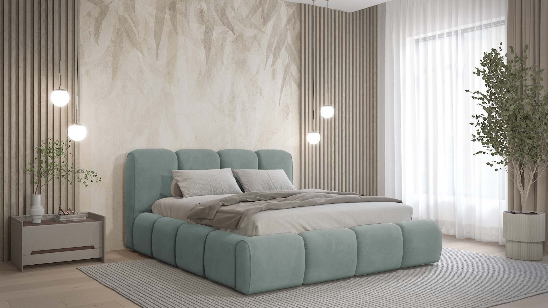 Goldstoff Stauraumbett BELTANE - Rahmenbettgestell, mit Bettkasten und Lattenrost, Doppelbett (Polsterbett, Design Bett), Inkl. Bettkasten, mit gepolstertem Kopfteil