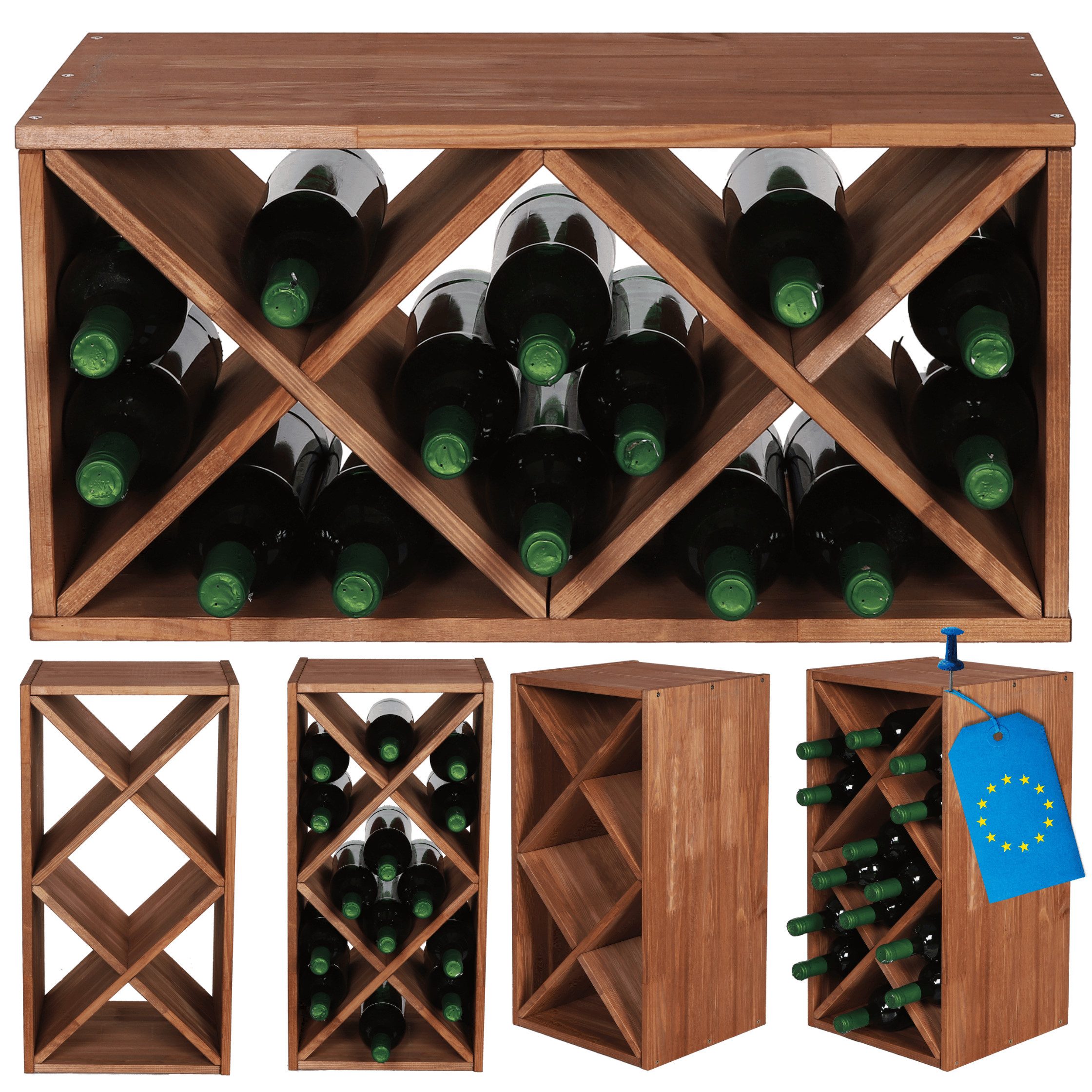 Modo24 Weinregal Modulares System RW61, Flaschenregal Massivholz, Kellerregal, Weinständer, Stapelbar, Weinschrank, für Küche & Vorratsraum, 3 Farben
