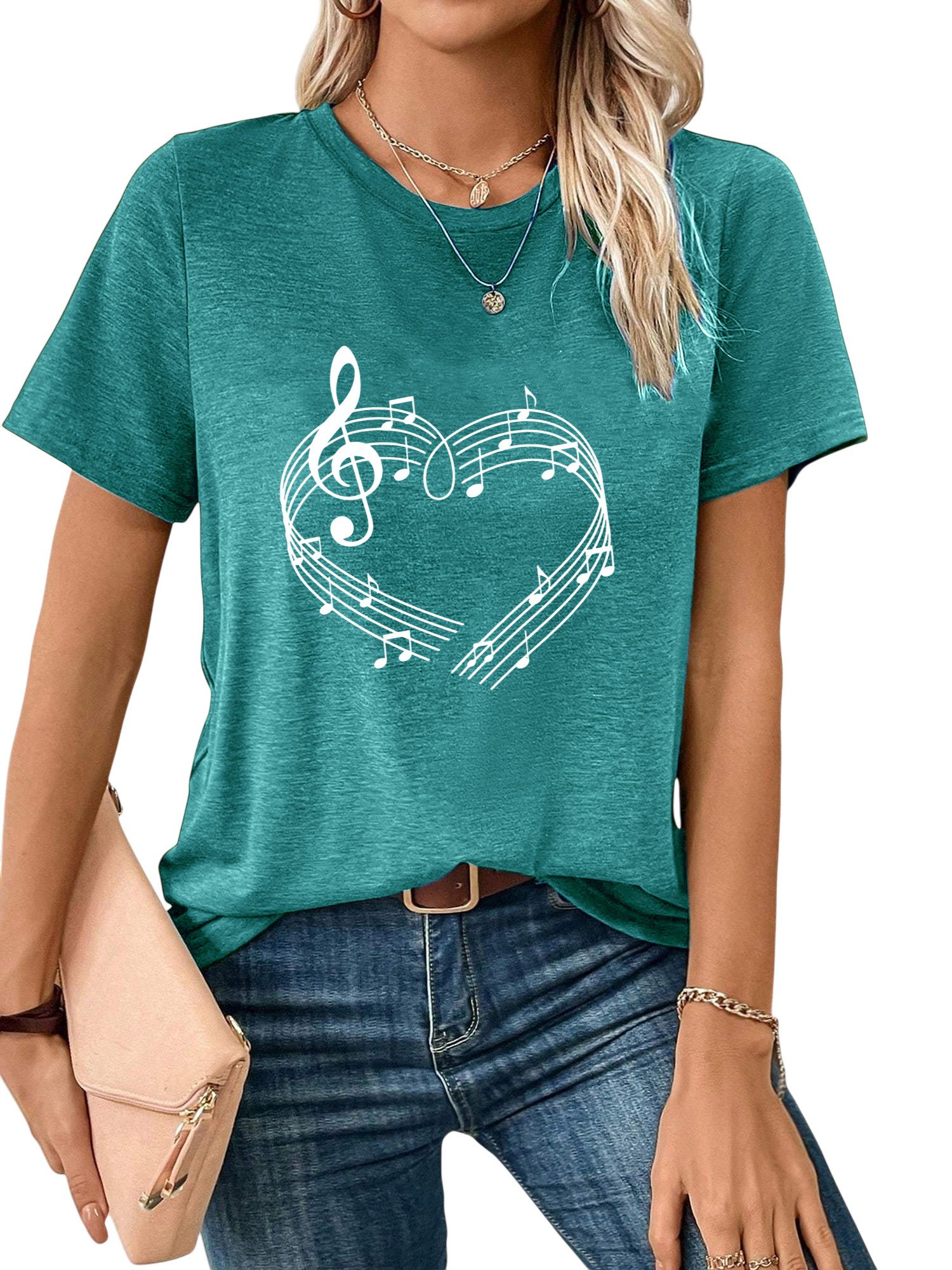 PYLIKE Print-Shirt Damen Casual Kurzarmshirt mit Klaviernoten Druck bequemes t shirt Bequem für Freizeit und Büro,Strandurlaub