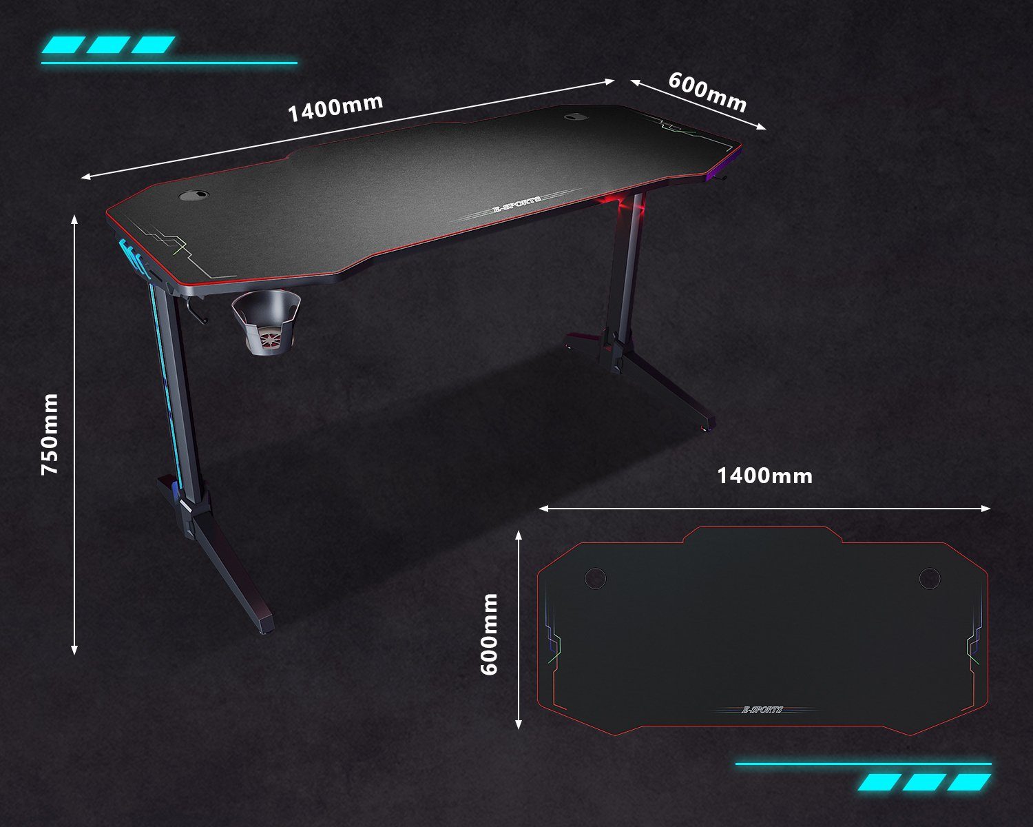 SONNI Gamingtisch RGB Gaming Tisch mit LED Beleuchtung, Breite 120cm/140cm