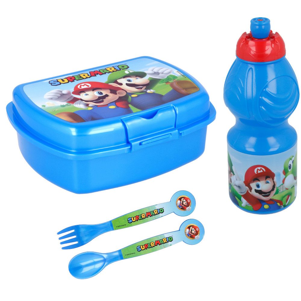 Super Mario Lunchbox Super Mario Luigi Kinder 4 teiliges Set, Kunststoff, (4-tlg), Brotdose Gabel Löffel Trinkflasche
