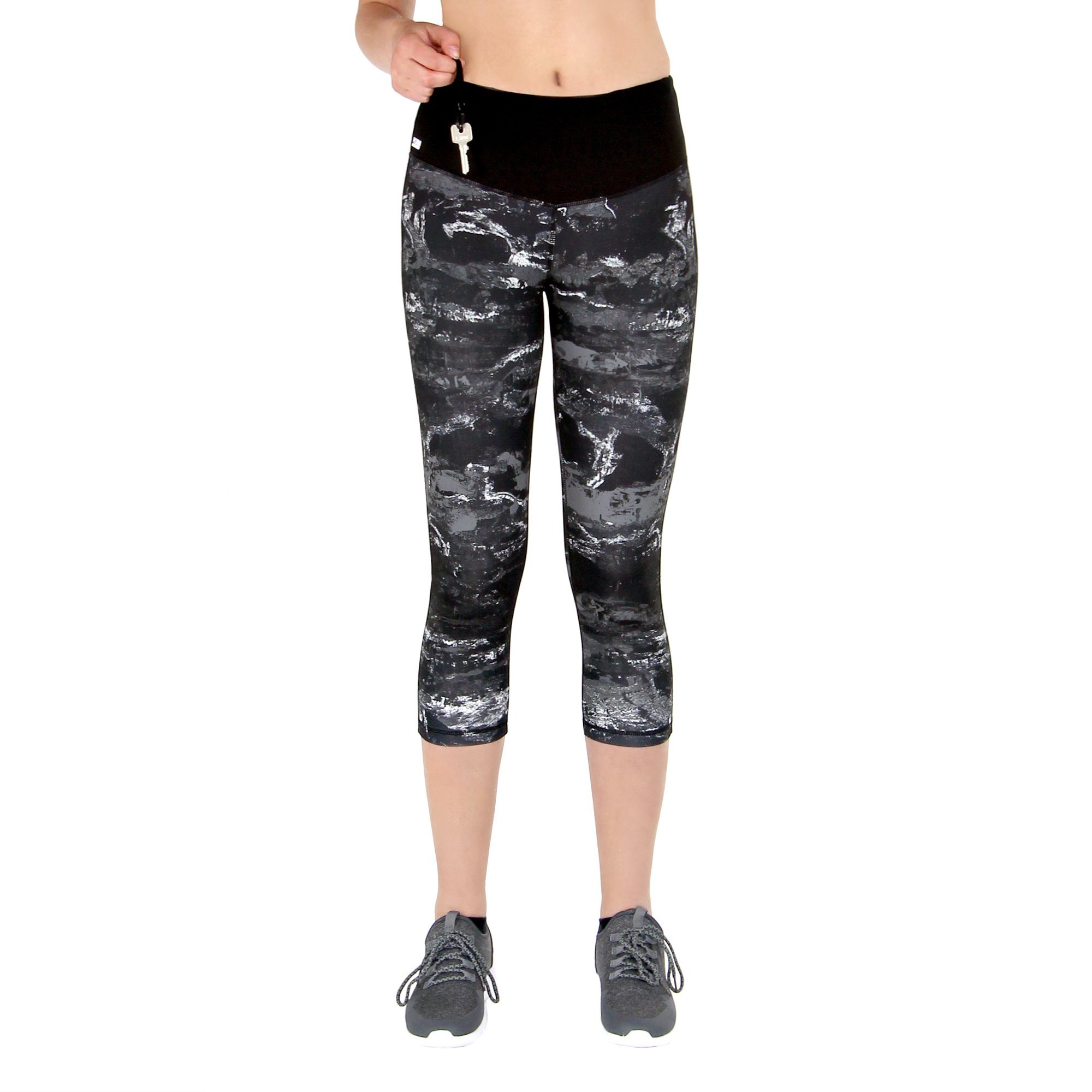 Laufhose Damen 3/4 Capri Leggings mit Handytasche, hoher Bund & Quick Dry