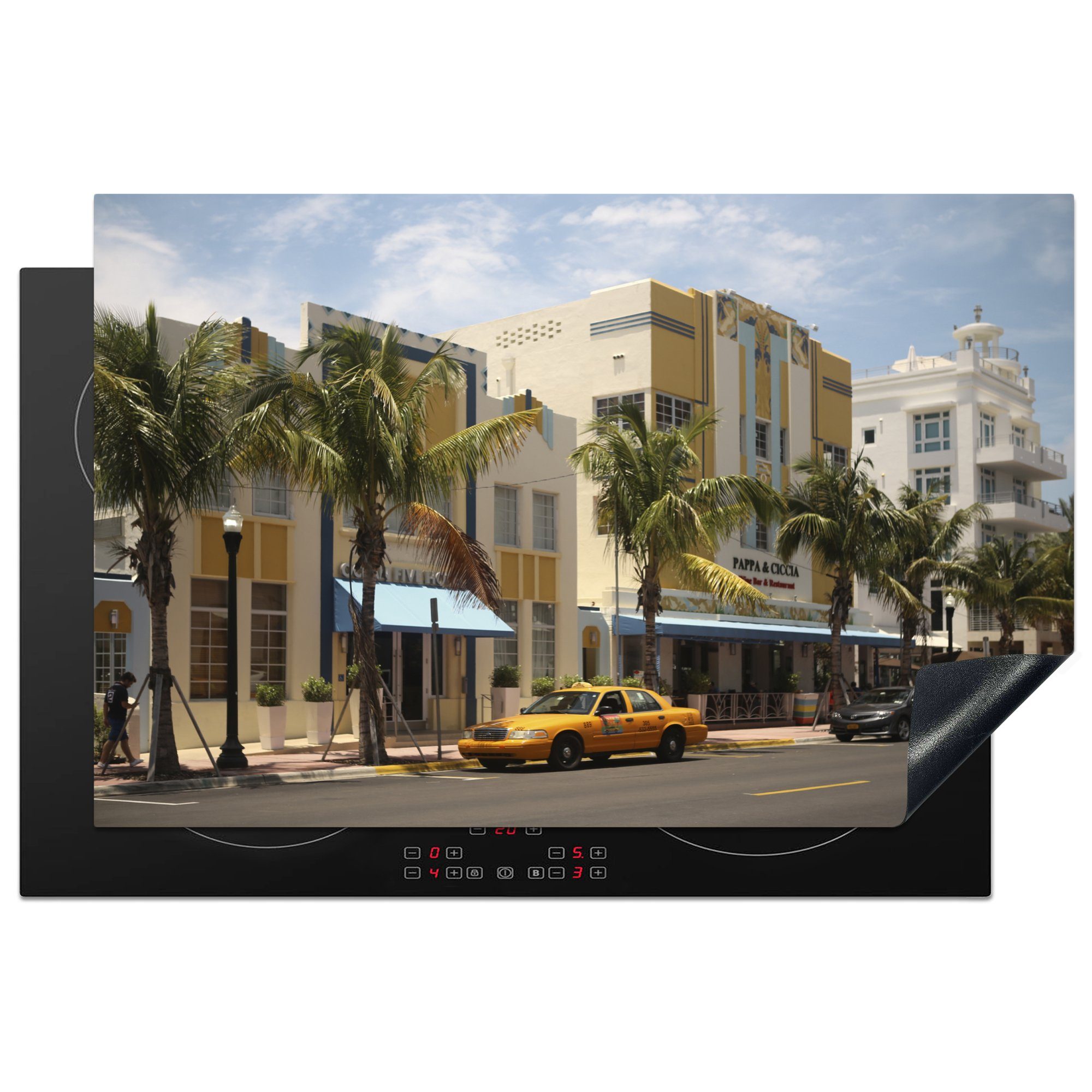 MuchoWow Herdblende-/Abdeckplatte Gelbes Taxi, geparkt am Ocean Drive in Miami, Vinyl, (1 tlg), 81x52 cm, Induktionskochfeld Schutz für die küche, Ceranfeldabdeckung