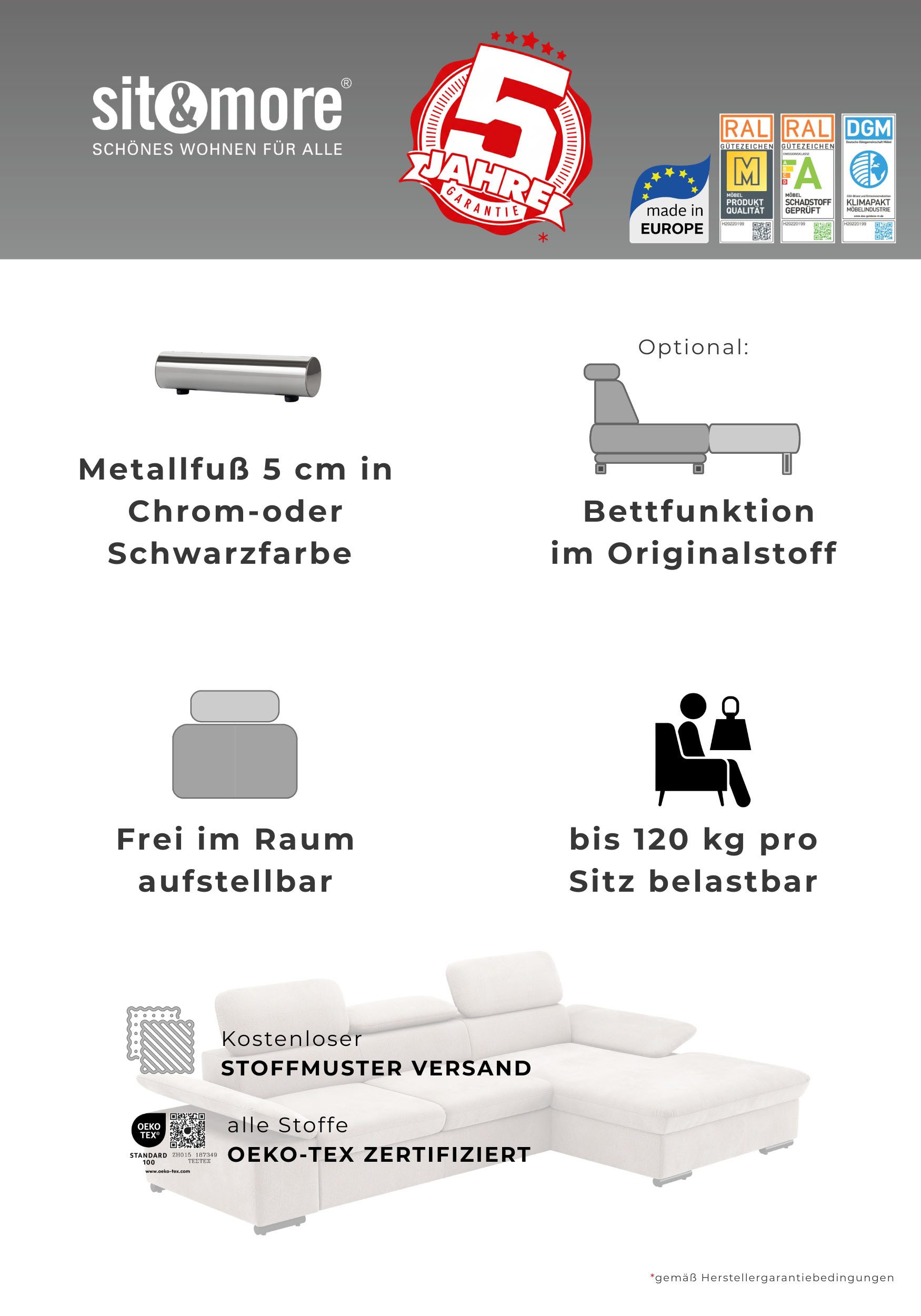 sit&more Ecksofa Alcudia L-Form, modernes Design, Breite 272cm, Liegefl. 196x124cm, mit Armteilverstellung, optional Kopfteilverstellung & Schlaffunktion
