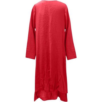 FIDDY Blusenkleid Damen Lange Bunte Robe mit Taschen Lose Langarm V-Ausschnitt Plissee