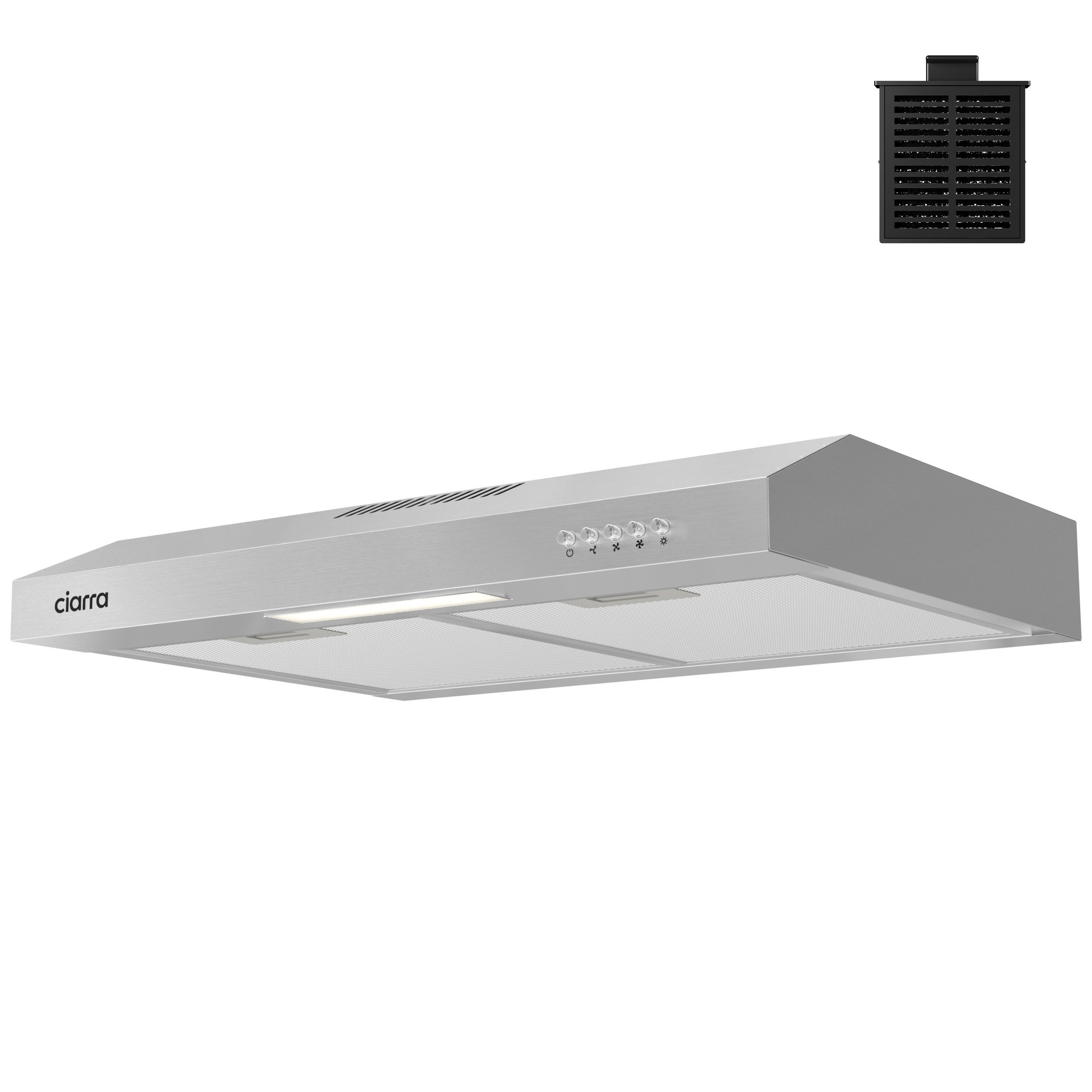 CIARRA Unterbauhaube 60 cm Dunstabzugshaube A+ Abluft & Umluft 3 Stufen VMS6903DS für kleine Küchen, Aktivkohlefilter & 2 Aluminiumfilter aus Edelstahl