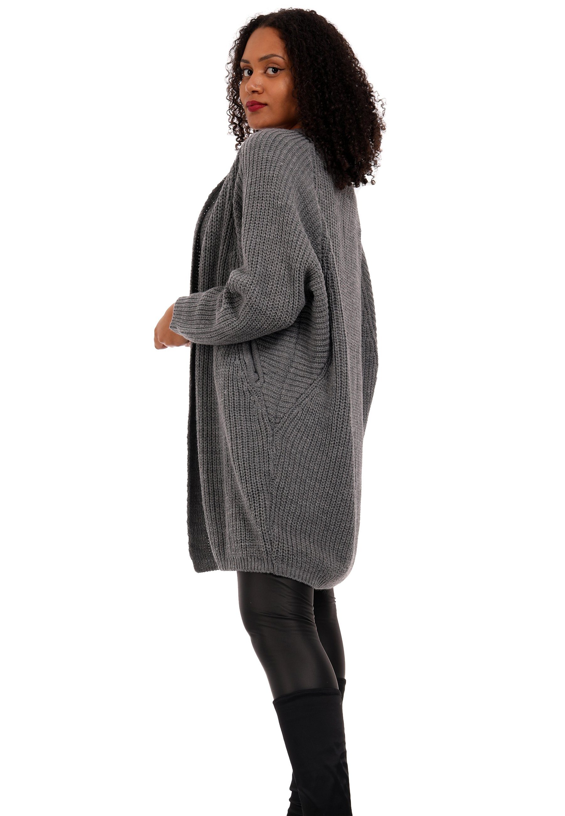 YC Fashion Plus Style Ärmeln Cardigan verschlusslos Oversize (1-tlg) langen casual, Basic-Form & dunkelgrau Strickjacke Cardigan Size mit