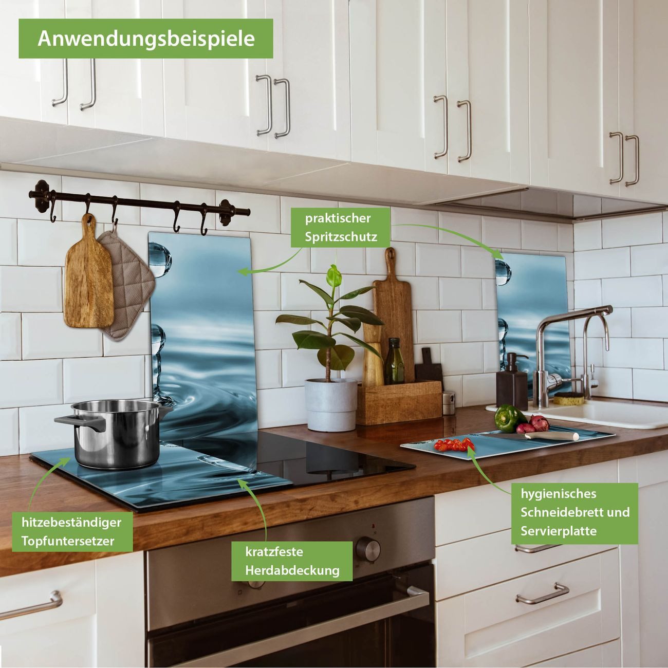 banjado Herd-Abdeckplatte zweiteilig aus Glas mit Motiv Wassertropfen, (gehärtet, 2 tlg., inkl. selbstklebende Gummifüßchen)
