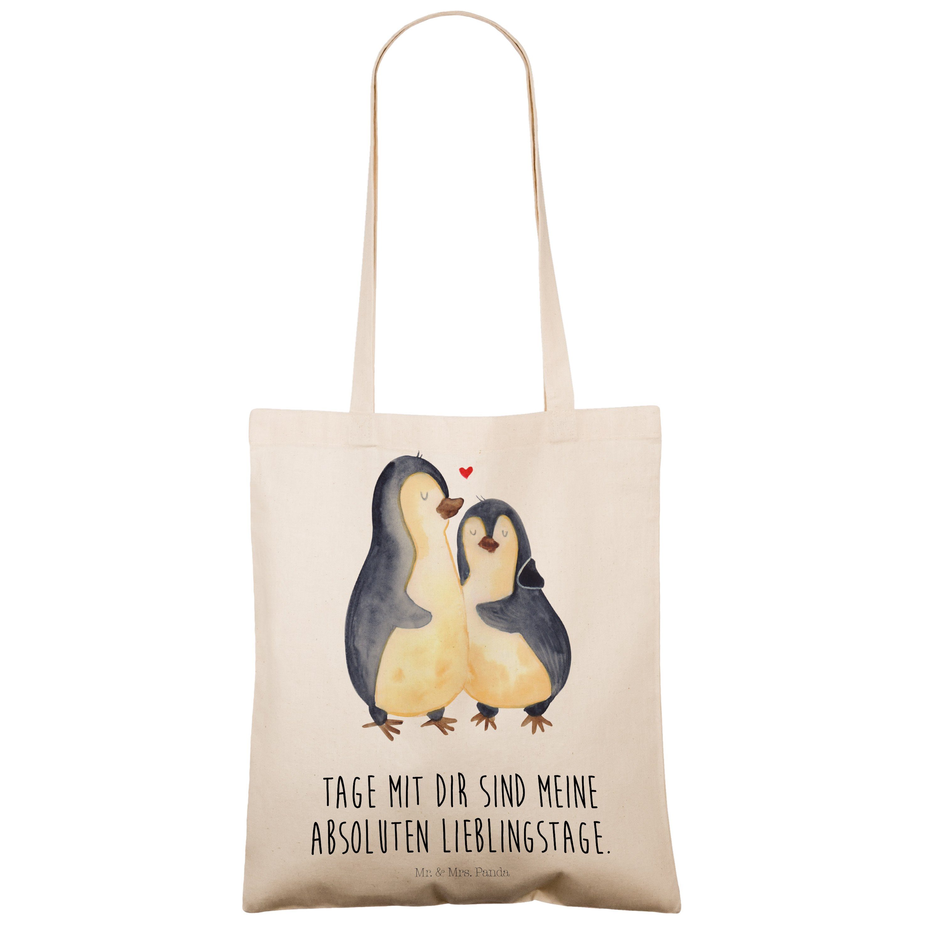 Mr. & Mrs. Panda Tragetasche Pinguin umarmend (1-tlg) - Jutebeutel, Geschenk, Beutel, Liebe, - Transparent