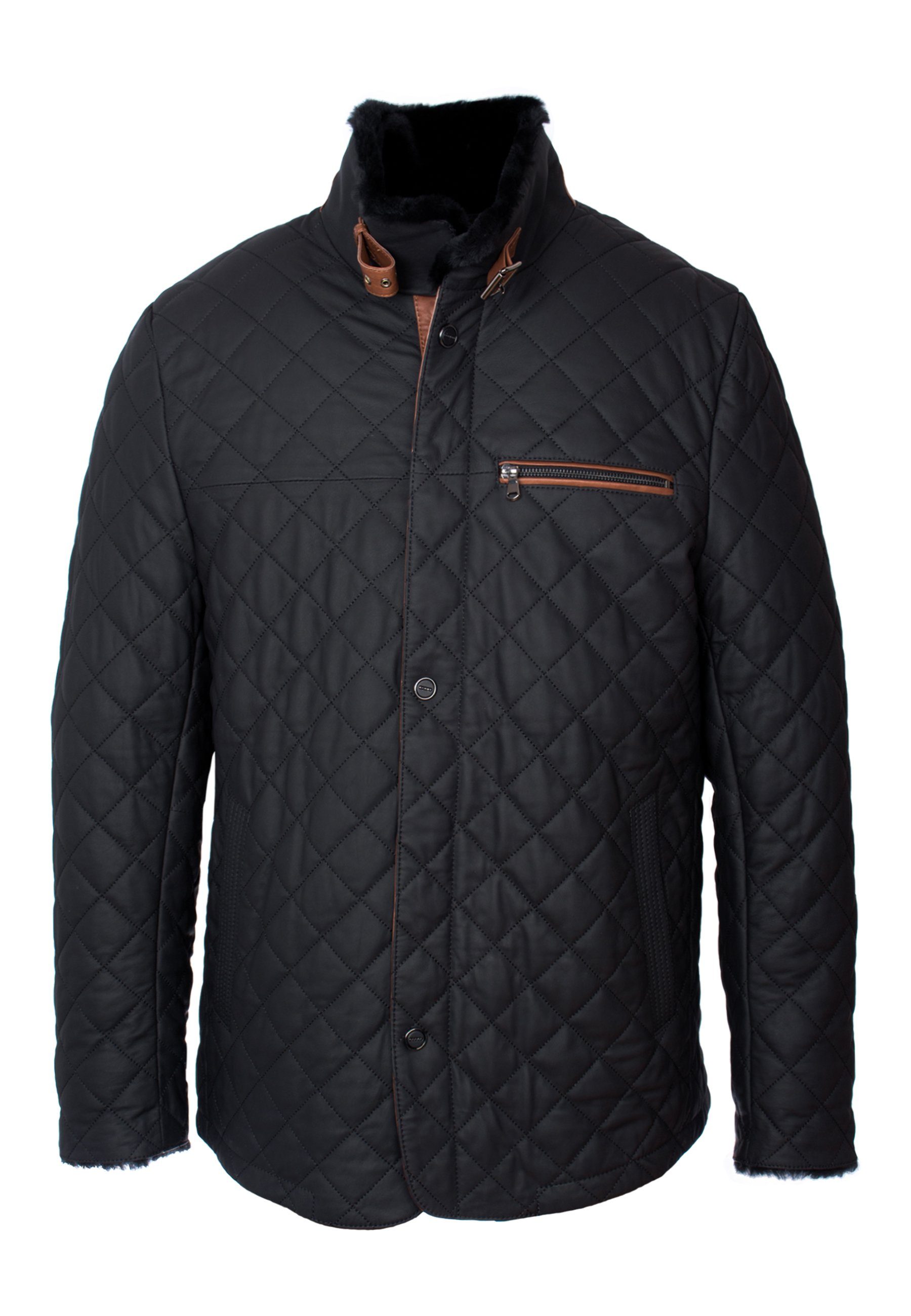 Lolus Lederjacke Leno Lammfell Schwarz Braun Hochwertige Winter Echtleder Steppjacke mit weichem Lammfell Futter