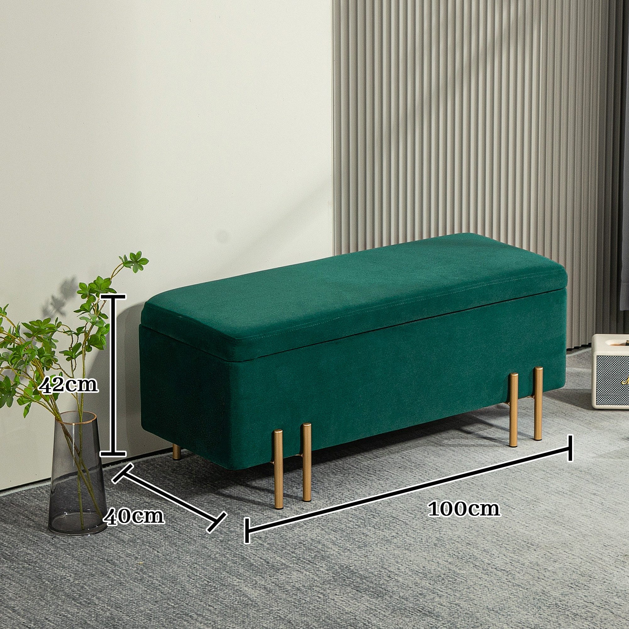 HOMCOM Sitzbank Sitztruhe mit Stauraum mit Samtoptik mit Metallbeine (Polsterbank, 1-St., Truhenbank), Stoff, Metall, Gummiholz, Schaumstoff, Grün, 100 x 40 x 4 – Bild 3 von 5