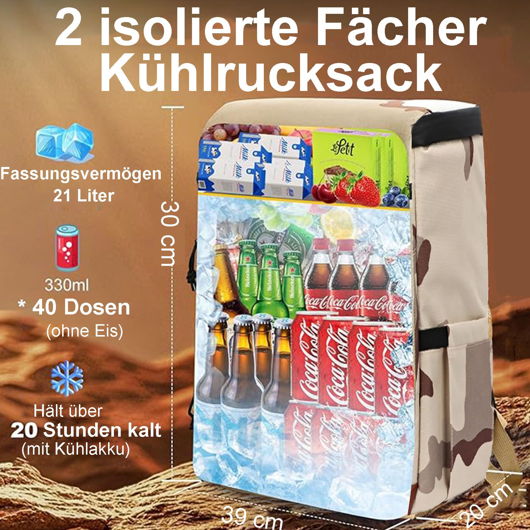 Keyura Kühltasche 24L Kühlrucksack Kühltasche Picknickrucksack mit Flaschenöffner, 24 l, Hält Speisen bis zu 4 Stunden warm und kühlt Getränke bis zu 8 Stunden