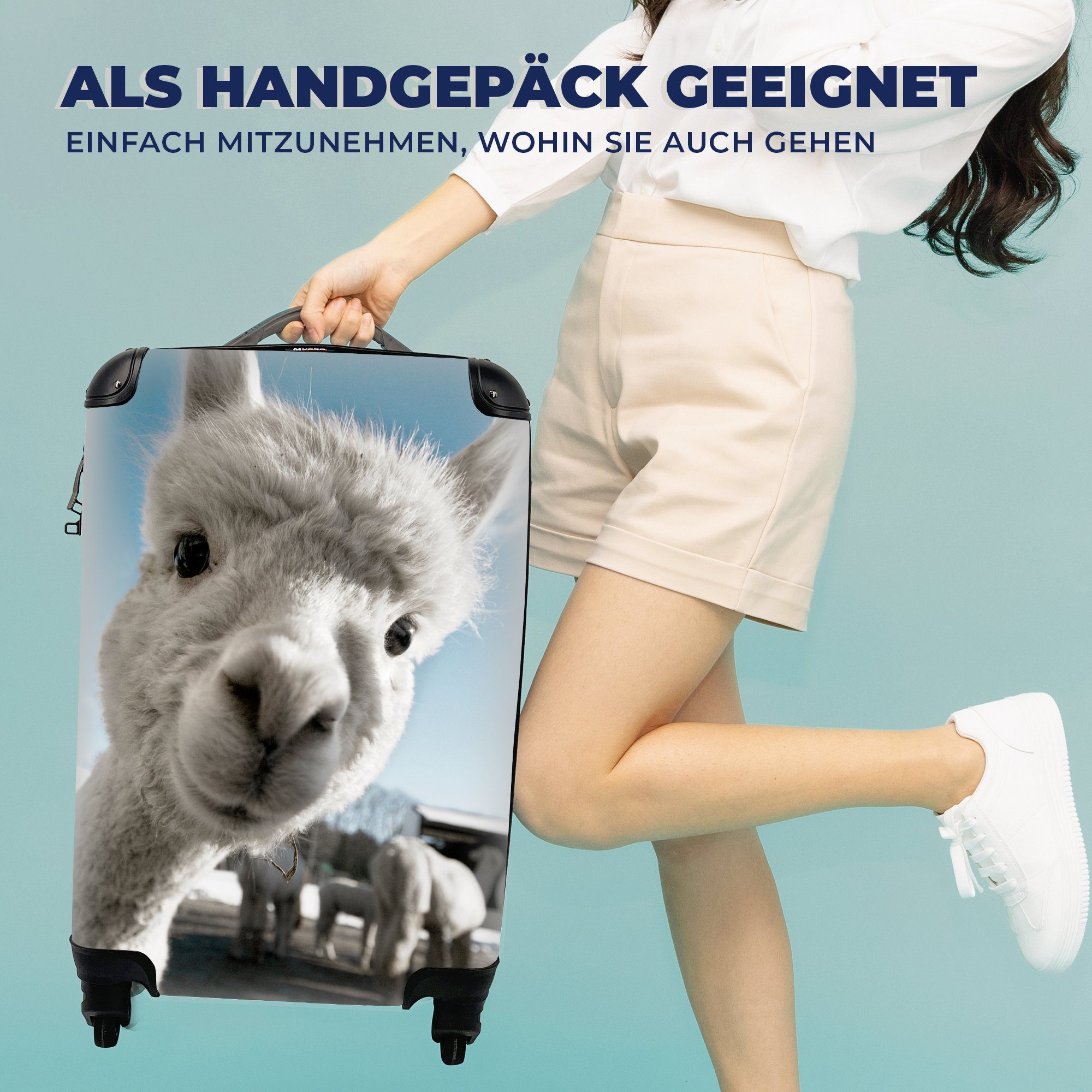 MuchoWow Handgepäckkoffer Alpaka - Weiß - Tier, 4 Rollen, Reisetasche mit rollen, Handgepäck für Ferien, Trolley, Reisekoffer