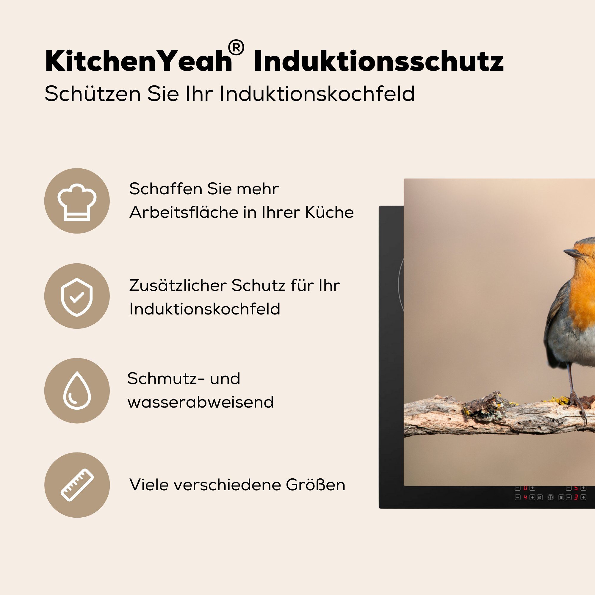 Vogel - (1 Ceranfeldabdeckung, tlg), Tiere, küche - - Zweig Rotkehlchen Herdblende-/Abdeckplatte MuchoWow für 77x51 cm, Vinyl, Arbeitsplatte