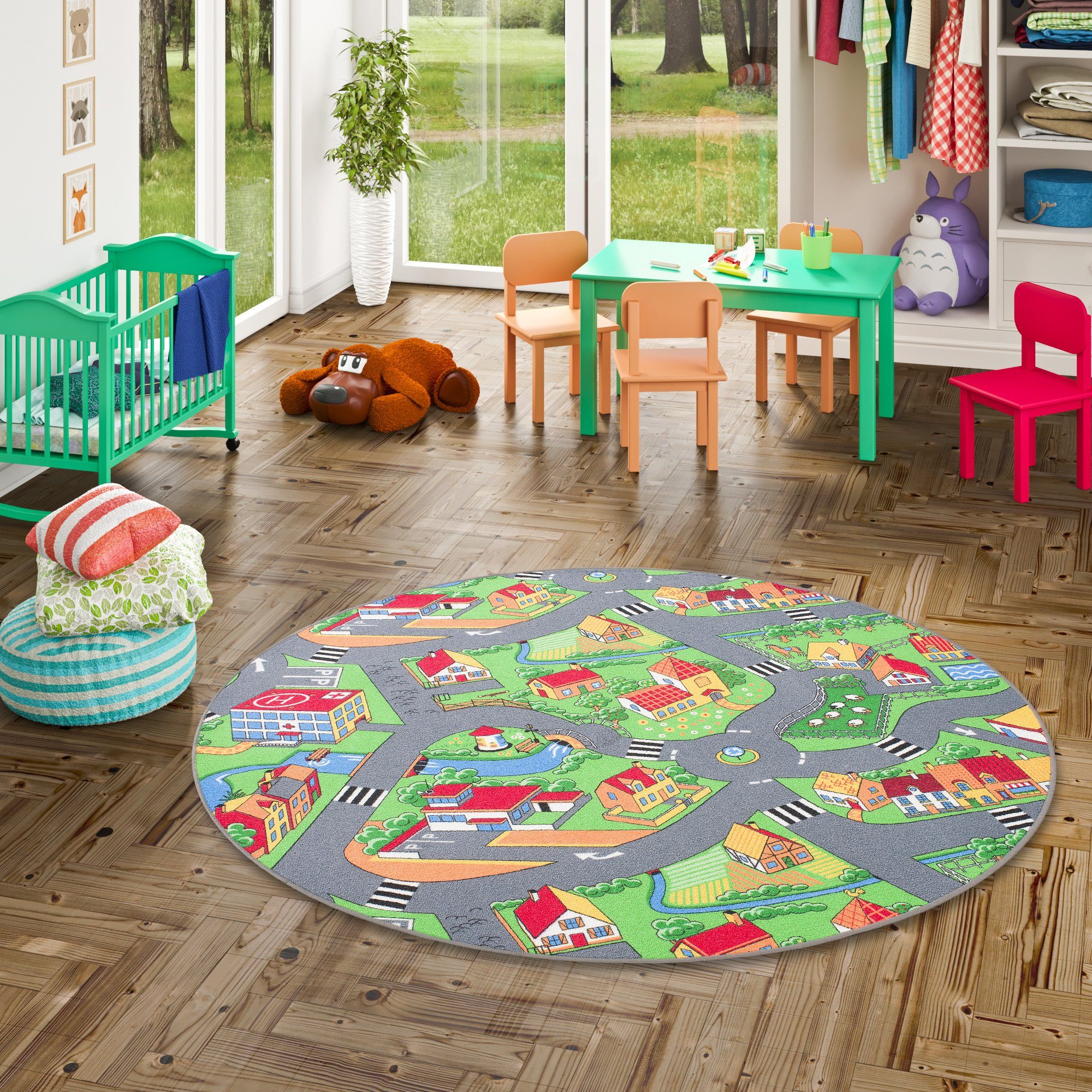 Kinderteppich Kinder Spiel Teppich Little Village Rund