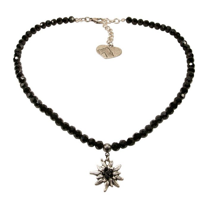 Alpenflüstern Collier Perlen-Trachtenkette Strass-Edelweiß klein (schwarz) - Damen-Trachtenschmuck Dirndlkette