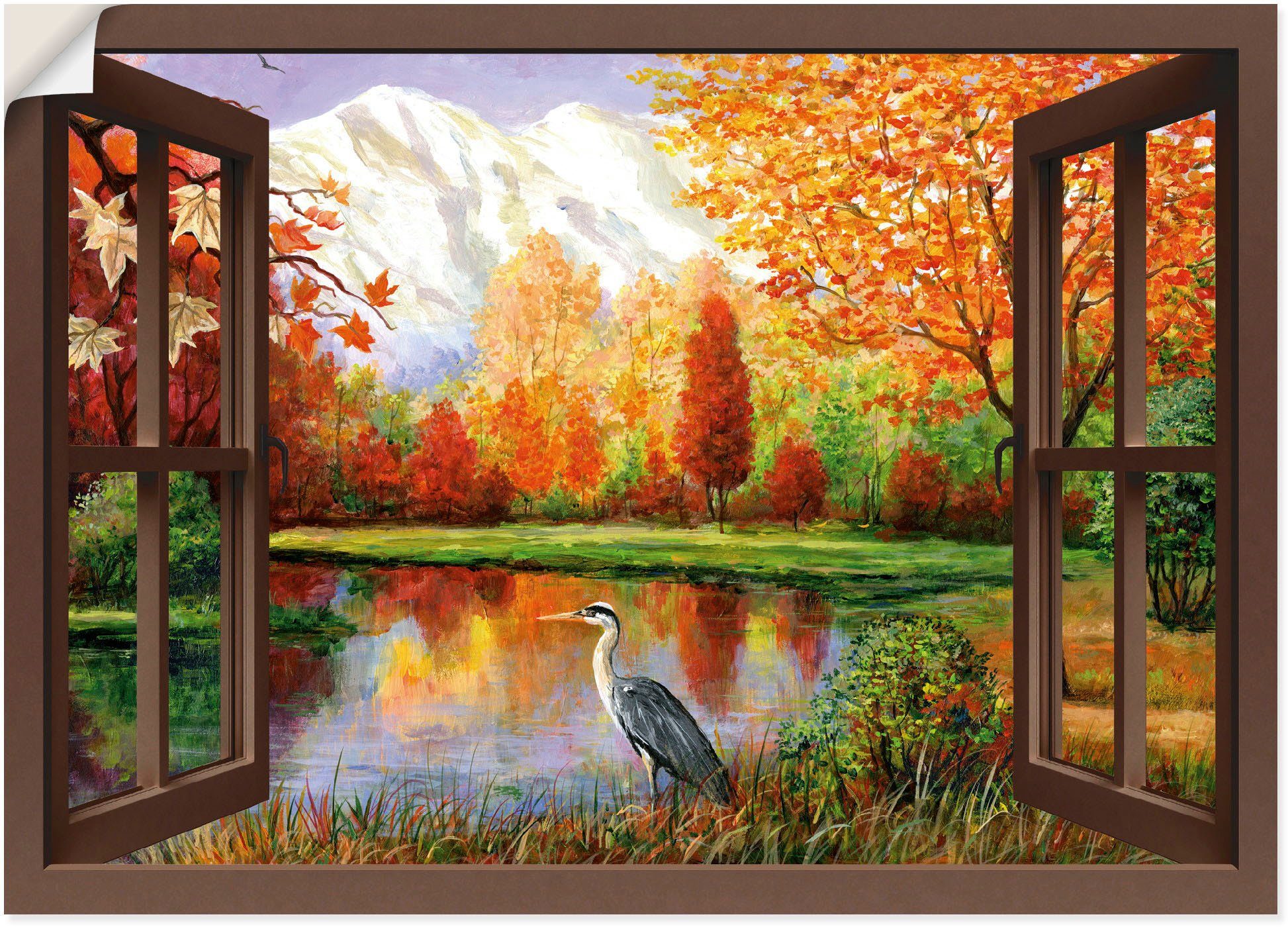 Artland Wandbild Herbst am See Ausblick, Fensterblick (1 St), als Leinwandbild, Wandaufkleber oder Poster in versch. Größen