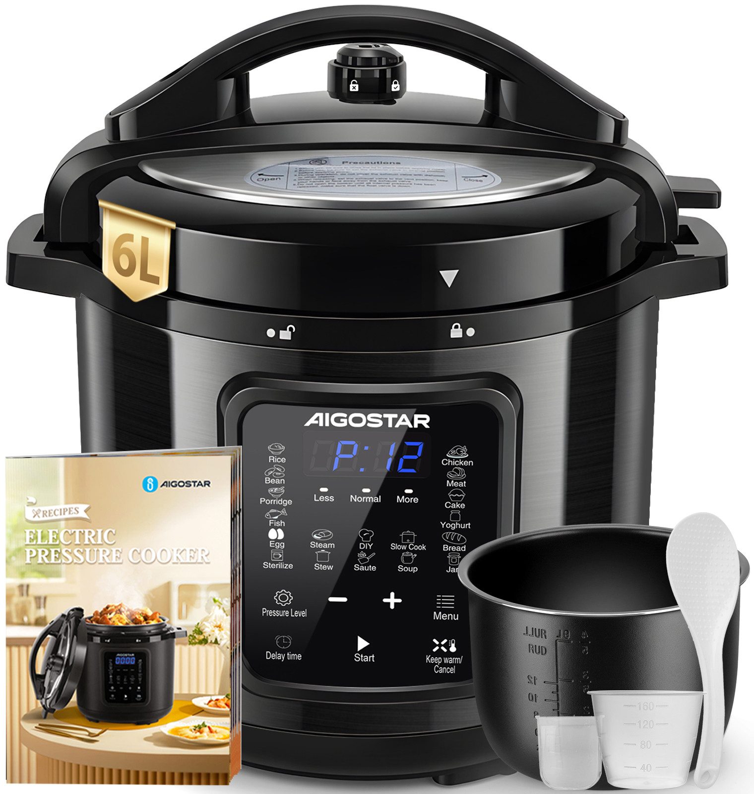 Aigostar Reiskocher 6L Schnellkochtopf, 18-in-1 Multikoche, Pressure Cooker, Rice Cooker, 1000 W, 24h Timer & Warmhalte, Antihaftbeschichtung, 10+ Sicherheitsmerkmale