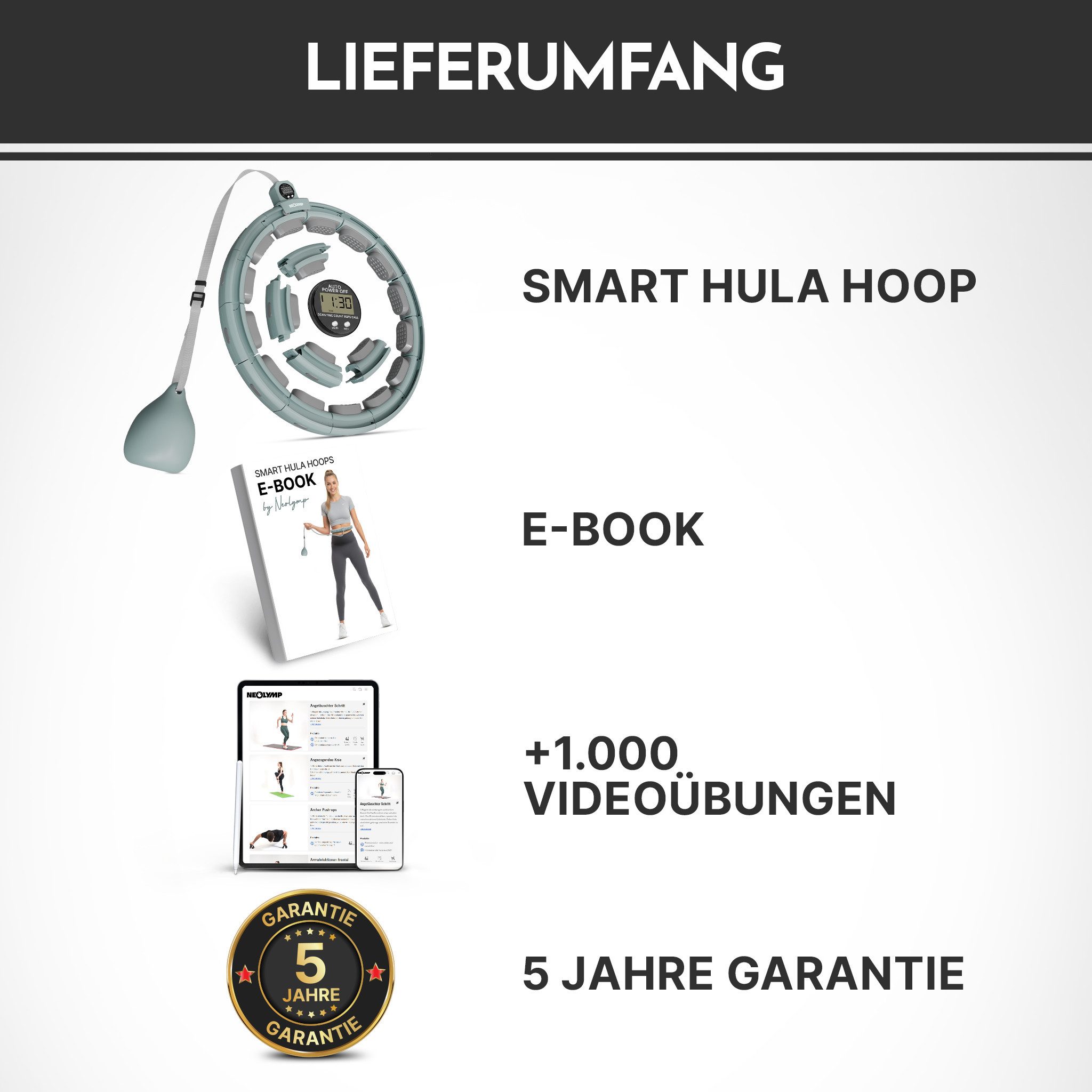 NEOLYMP Hula-Hoop-Reifen Hula Hoop Reifen Erwachsene – Fitness Ring leise verstellbar 29–40 cm (Smarter Hula Hoop Reifen verstellbar 29–40 cm Klick-System, Home Gym), Gymnastikreifen mit Tracking für Zeit, Umdrehungen und Kalorien